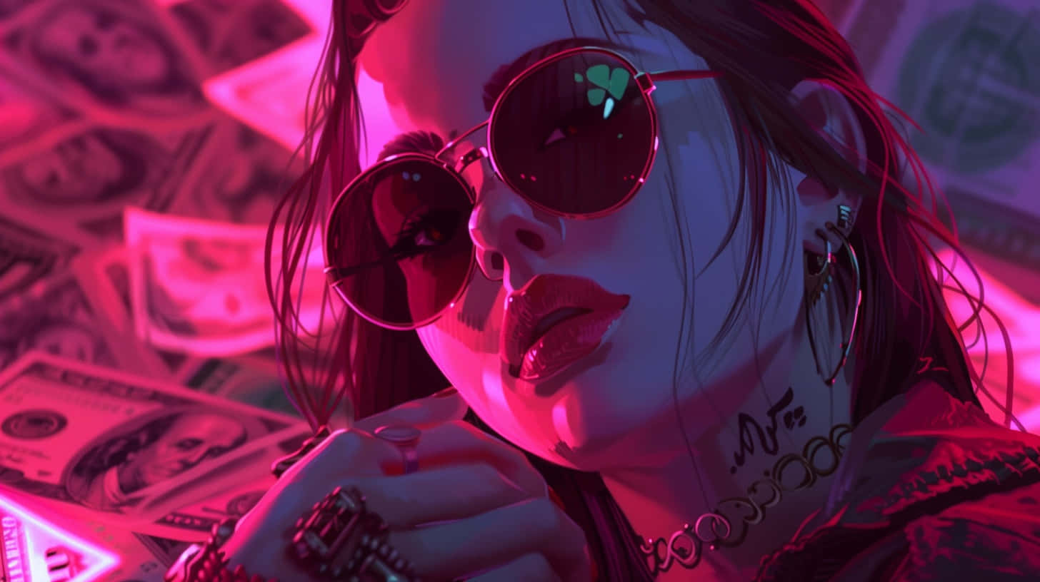 Baddie Money Aesthetic, neon pink and blue lighting, round sunglasses, HD Desktop Wallpaper