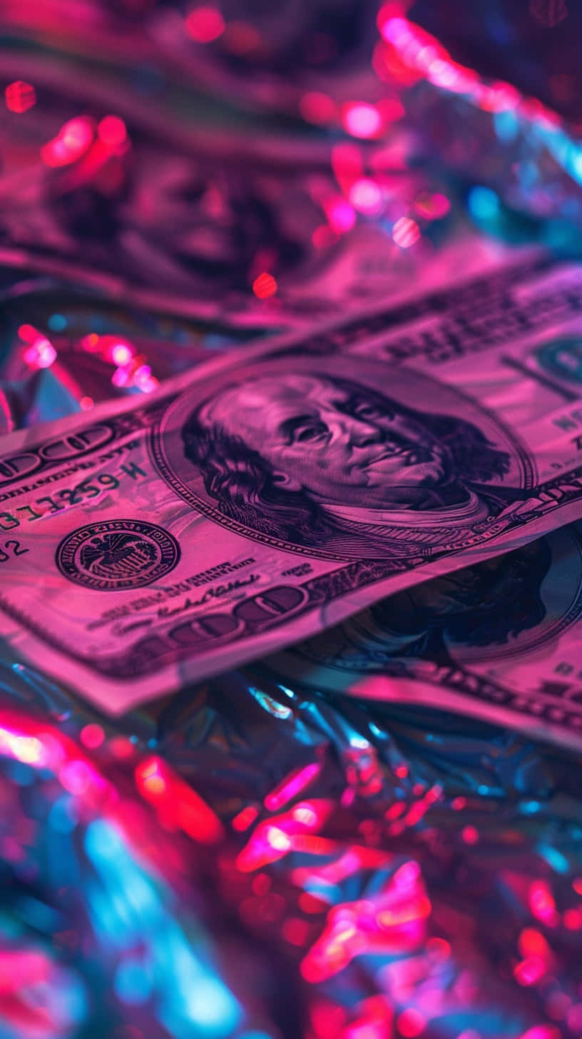 $100 bill, vibrant pink and blue neon lights, bokeh effects, HD Phone Wallpaper