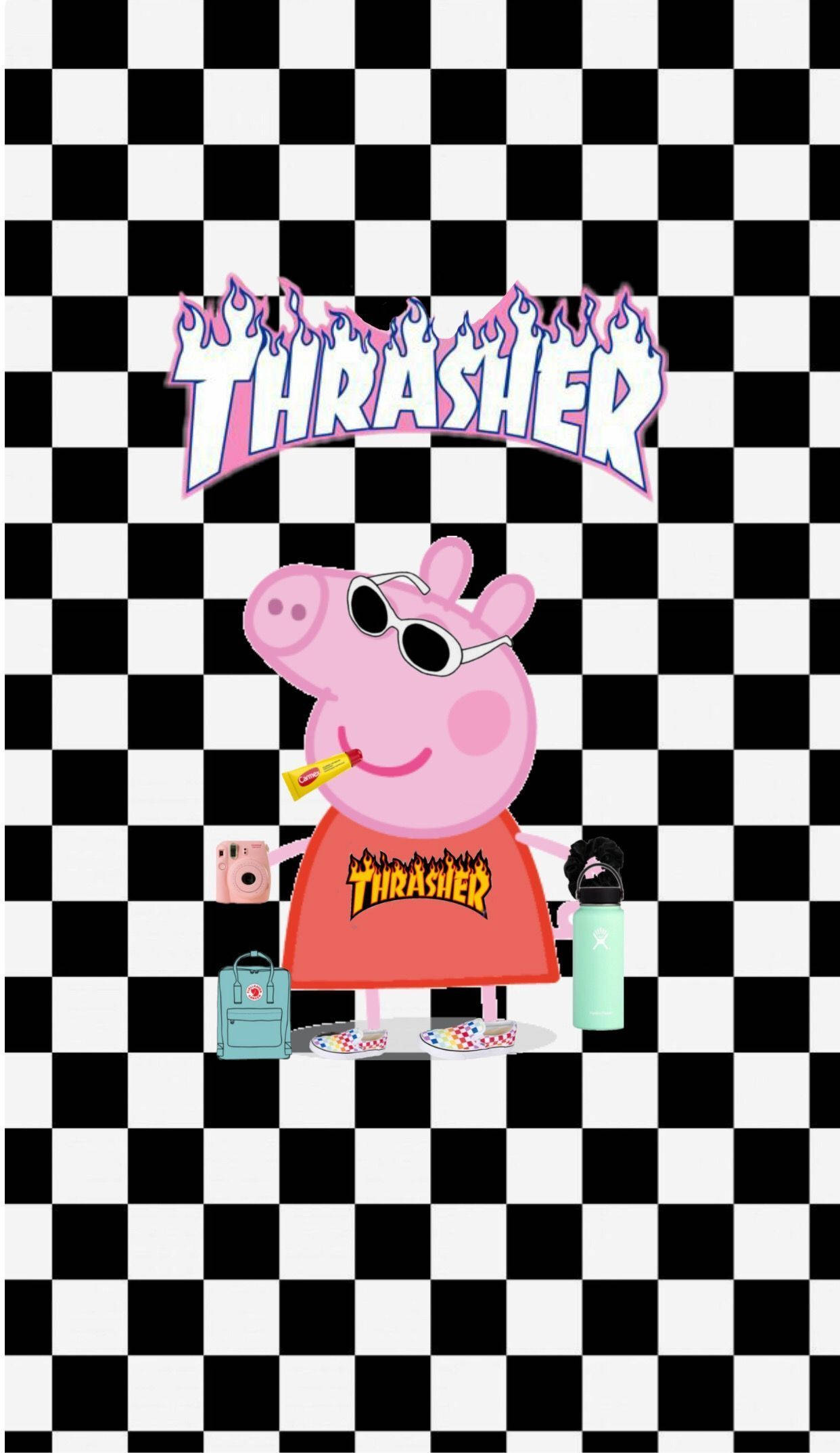 Peppa Pig, Thrasher shirt, black and white checkered background, Full HD Phone Wallpaper