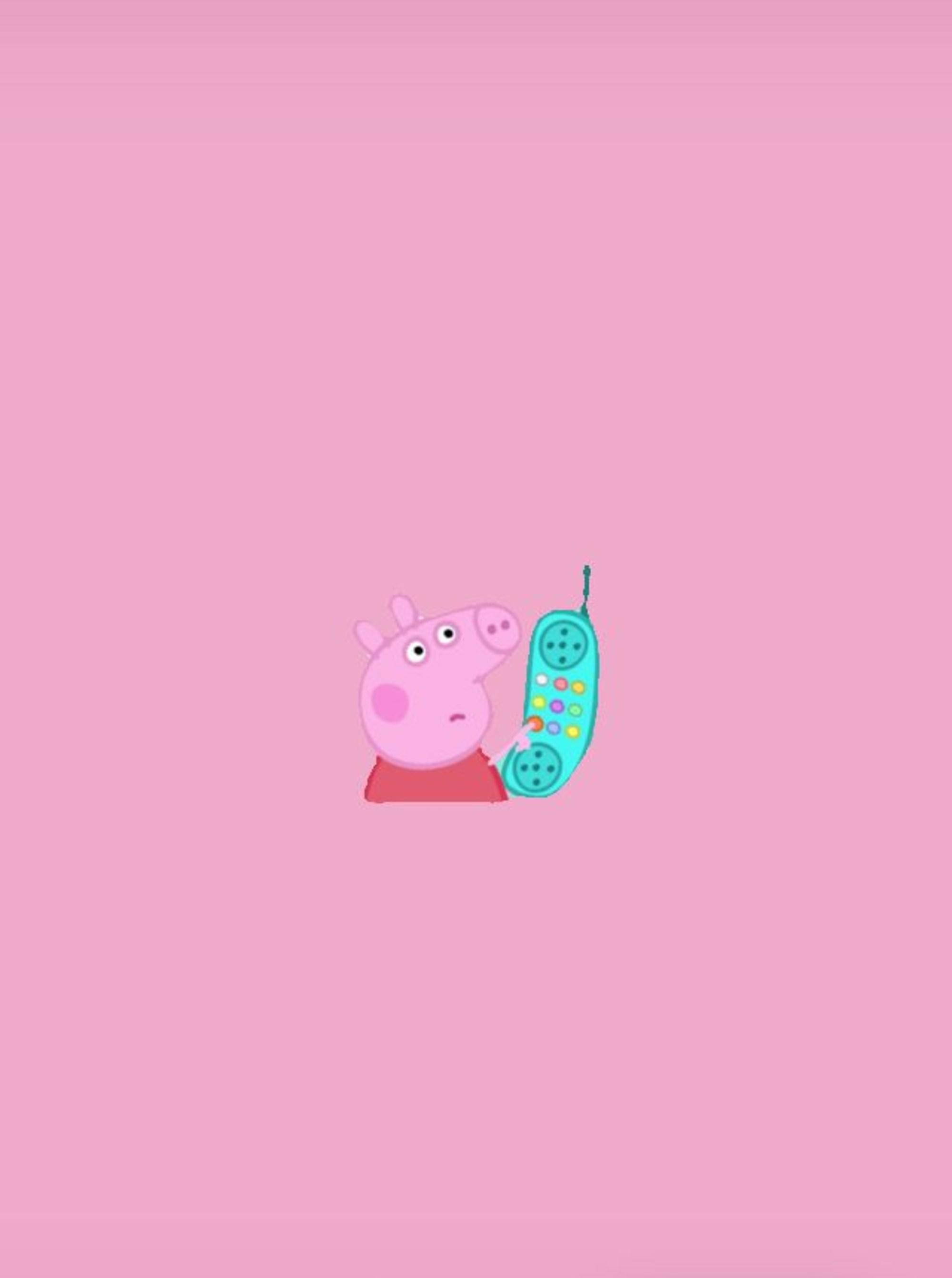 Peppa Pig, teal retro phone, solid pink background, 2K Phone Wallpaper