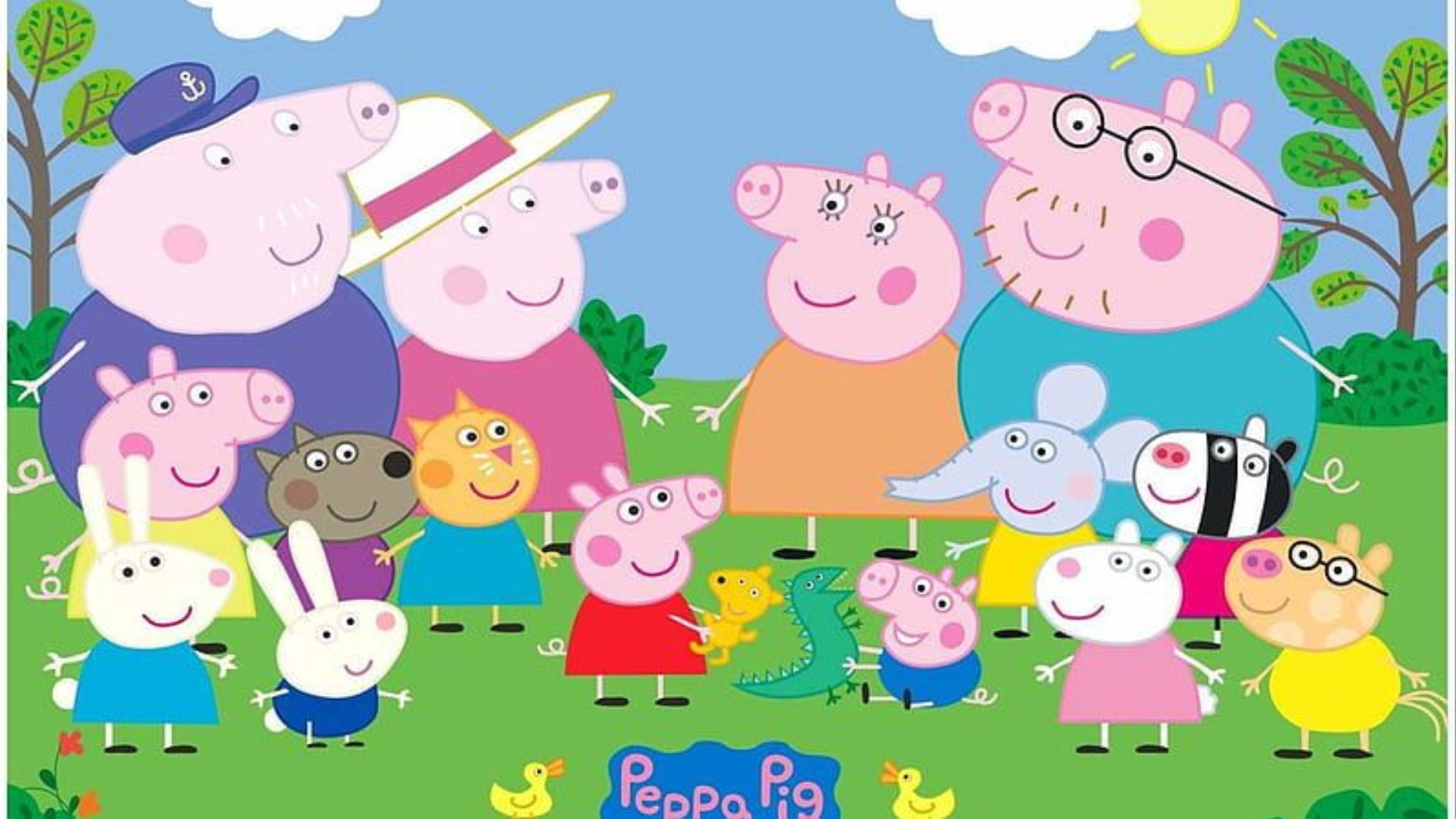 Peppa Pig, family and friends, bright green outdoor scene, Full HD Desktop Wallpaper