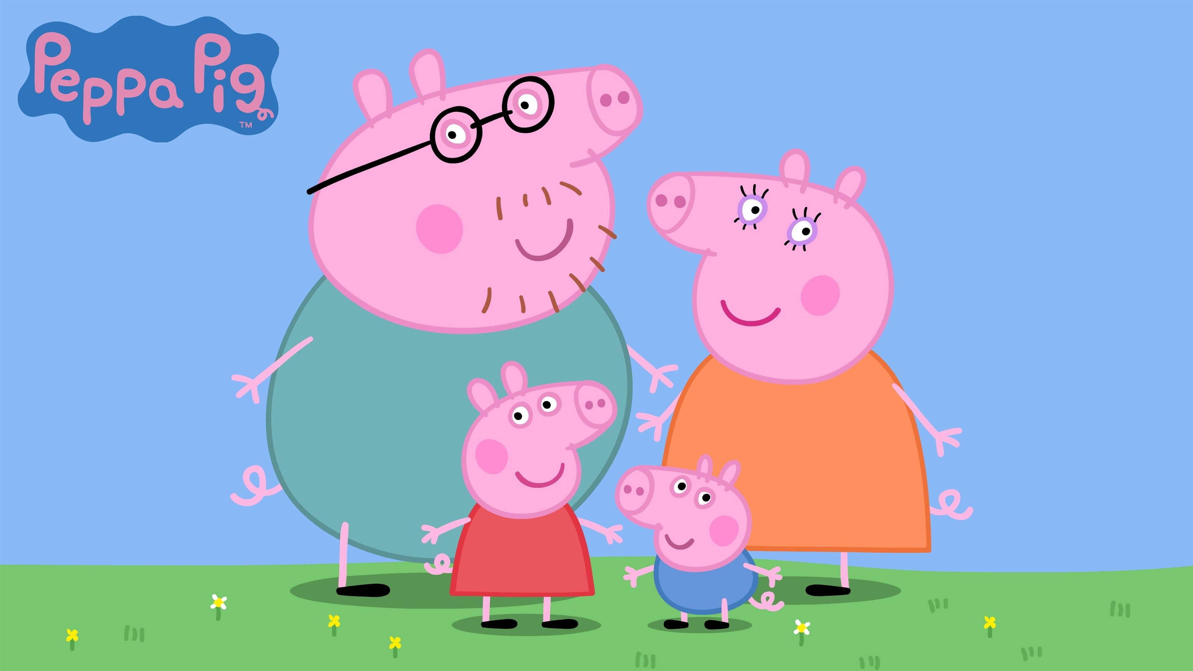 Peppa Pig, family, green grass, 4K Desktop Wallpaper