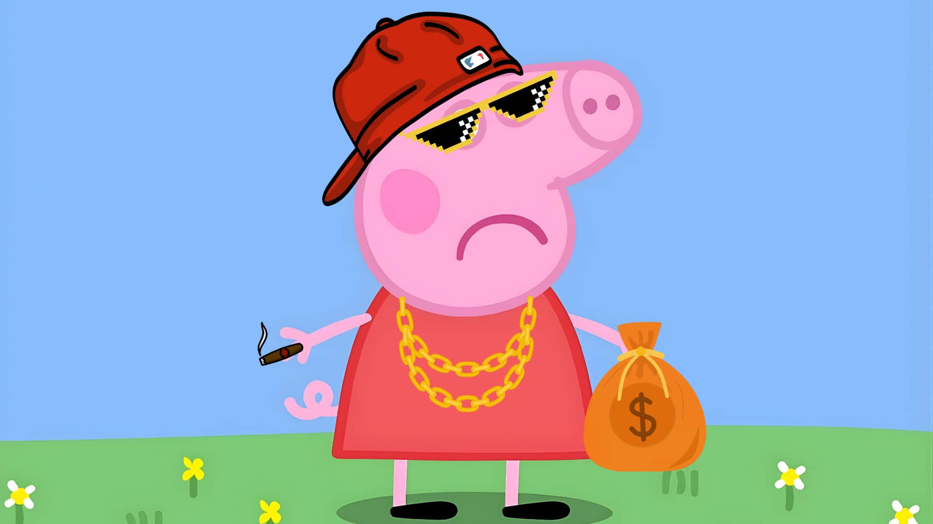 Peppa Pig, red cap, sunglasses, Full HD Desktop Wallpaper