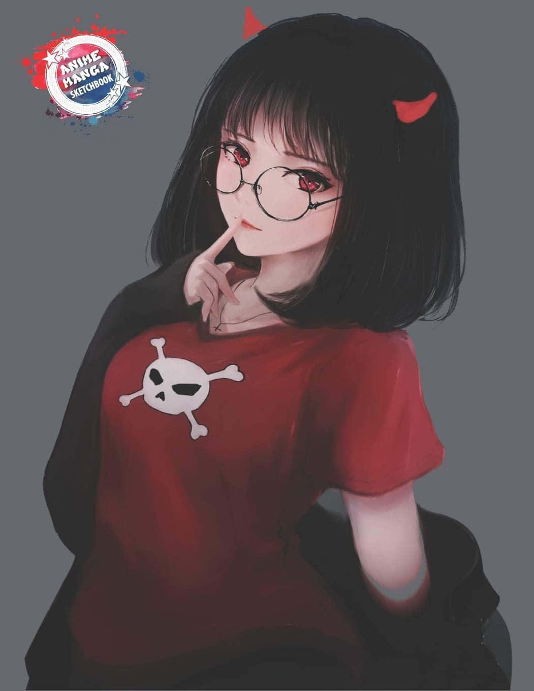 Anime girl, black hair, red horns, HD Phone Wallpaper