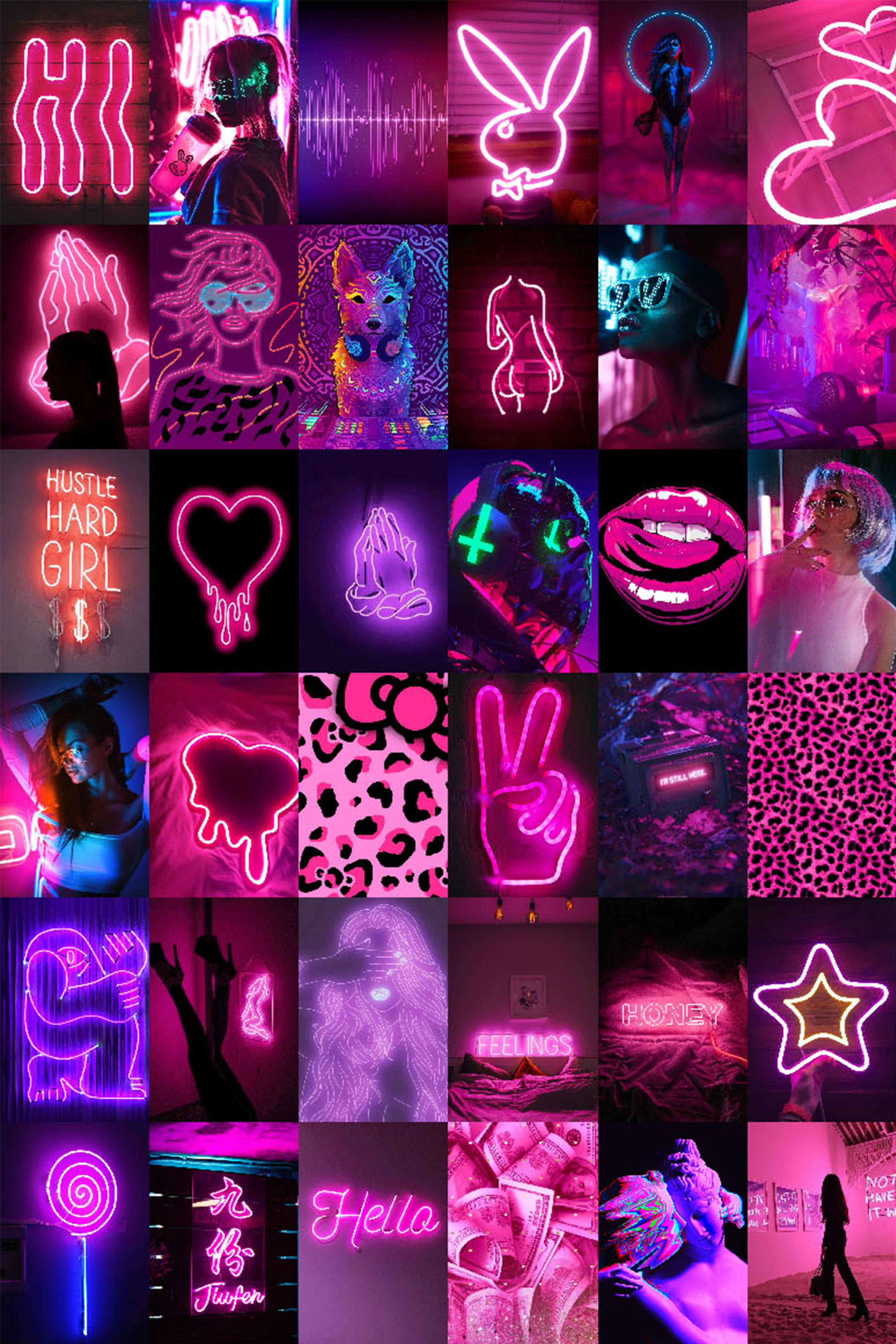neon pink, purple, glowing symbols, 4K Phone Wallpaper