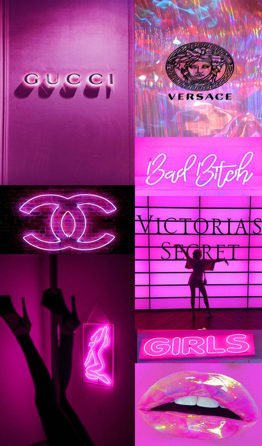 pink neon signs, luxury brands, high-energy fashion collage, HD Phone Wallpaper