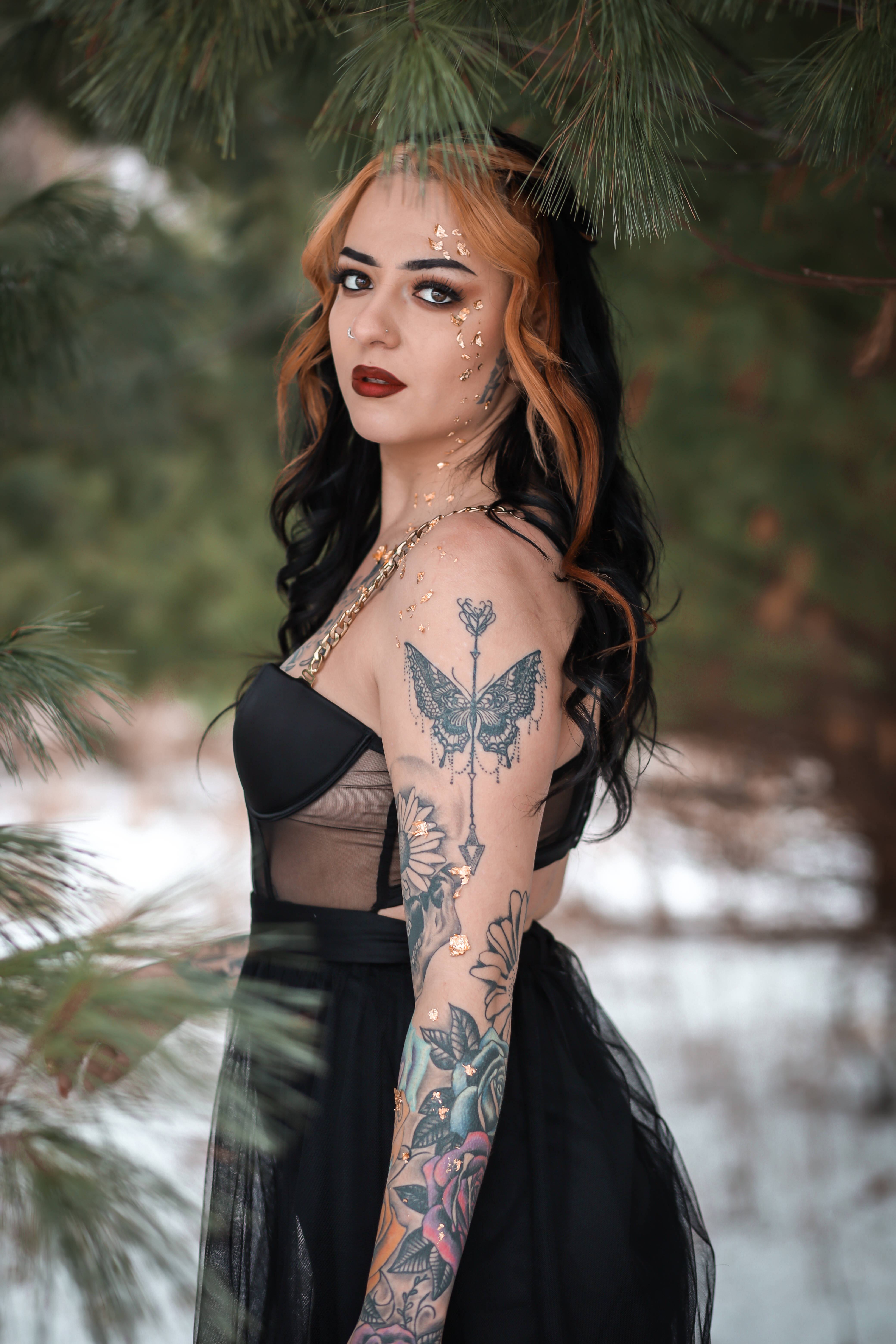 tattooed baddie girl, orange hair, snowy forest, 5K Phone Wallpaper