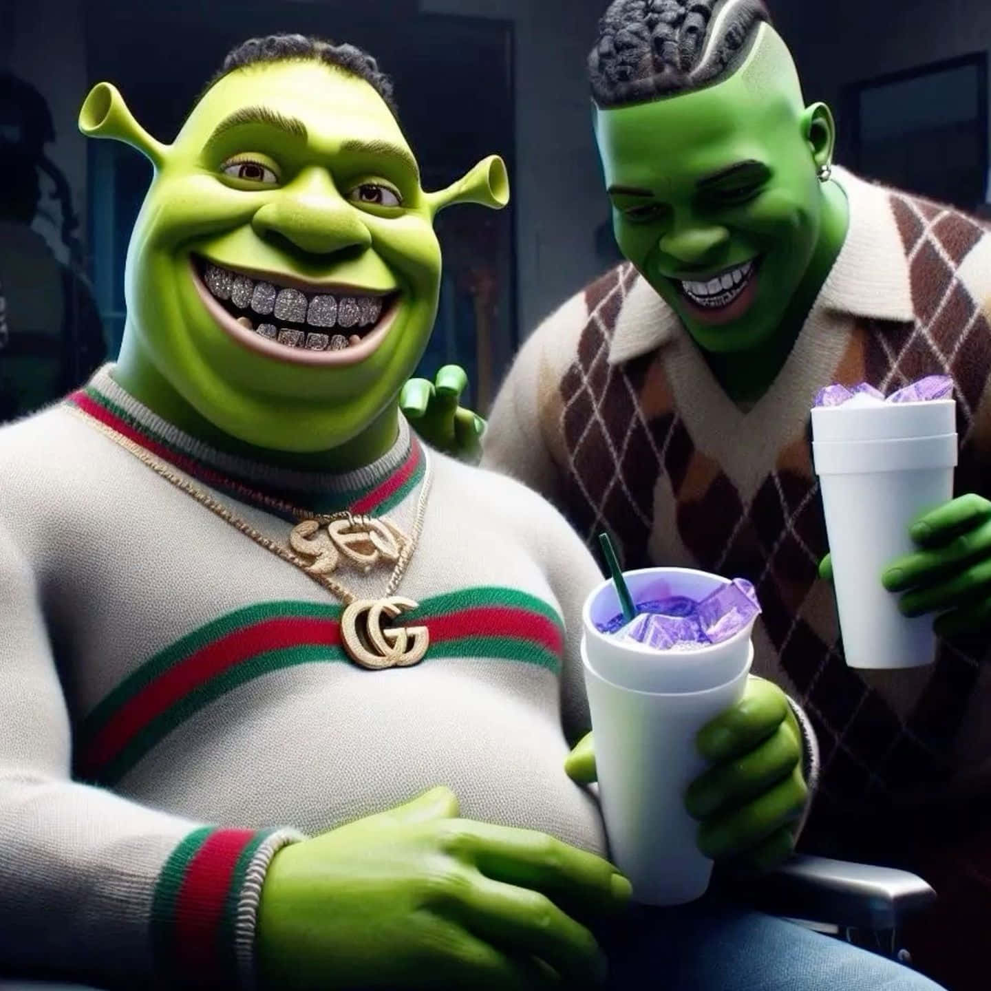 Shrek, green-skinned friend, purple drinks, HD Desktop Wallpaper