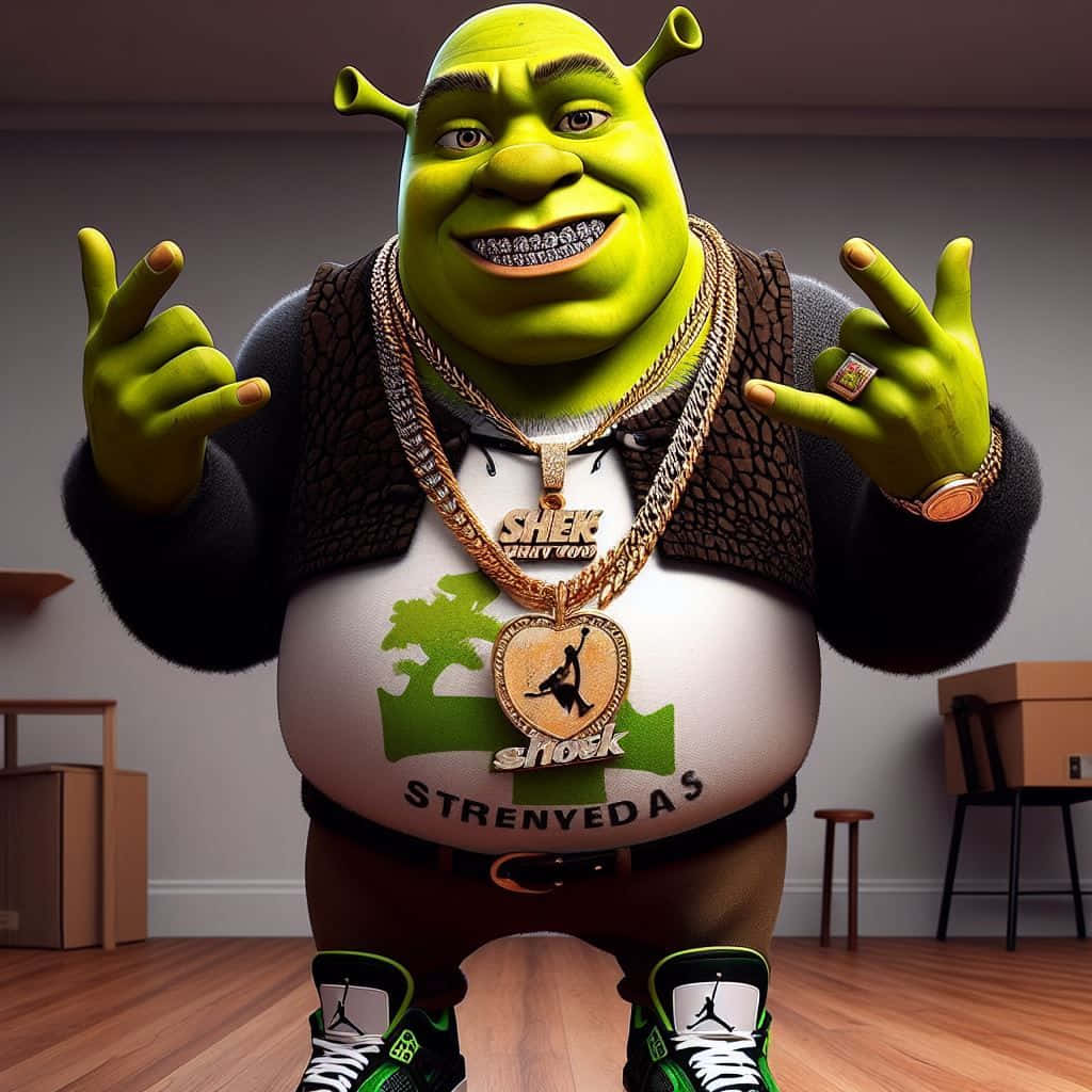 Shrek, hip-hop outfit, gold chains, SD Desktop Wallpaper