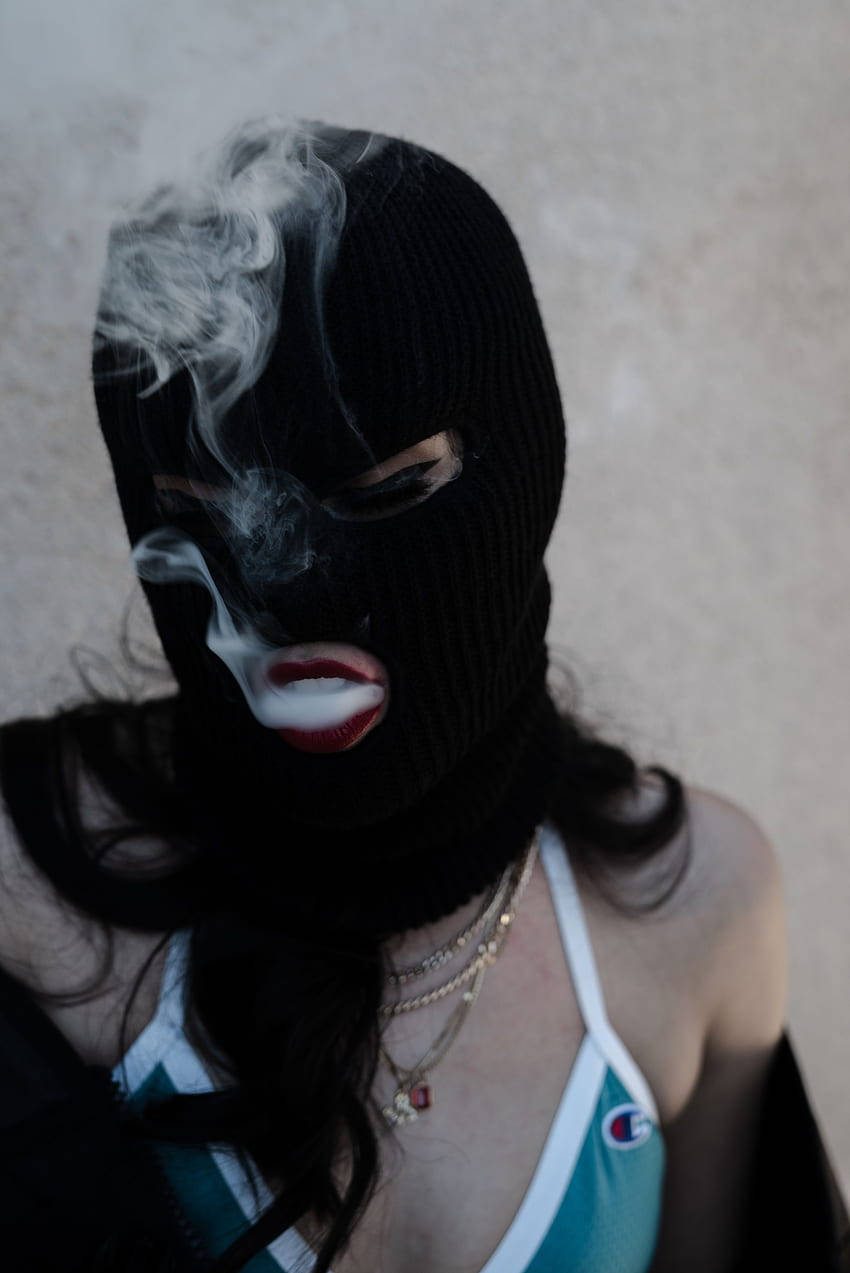 black ski mask, red lipstick, Champion sports top, SD Phone Wallpaper