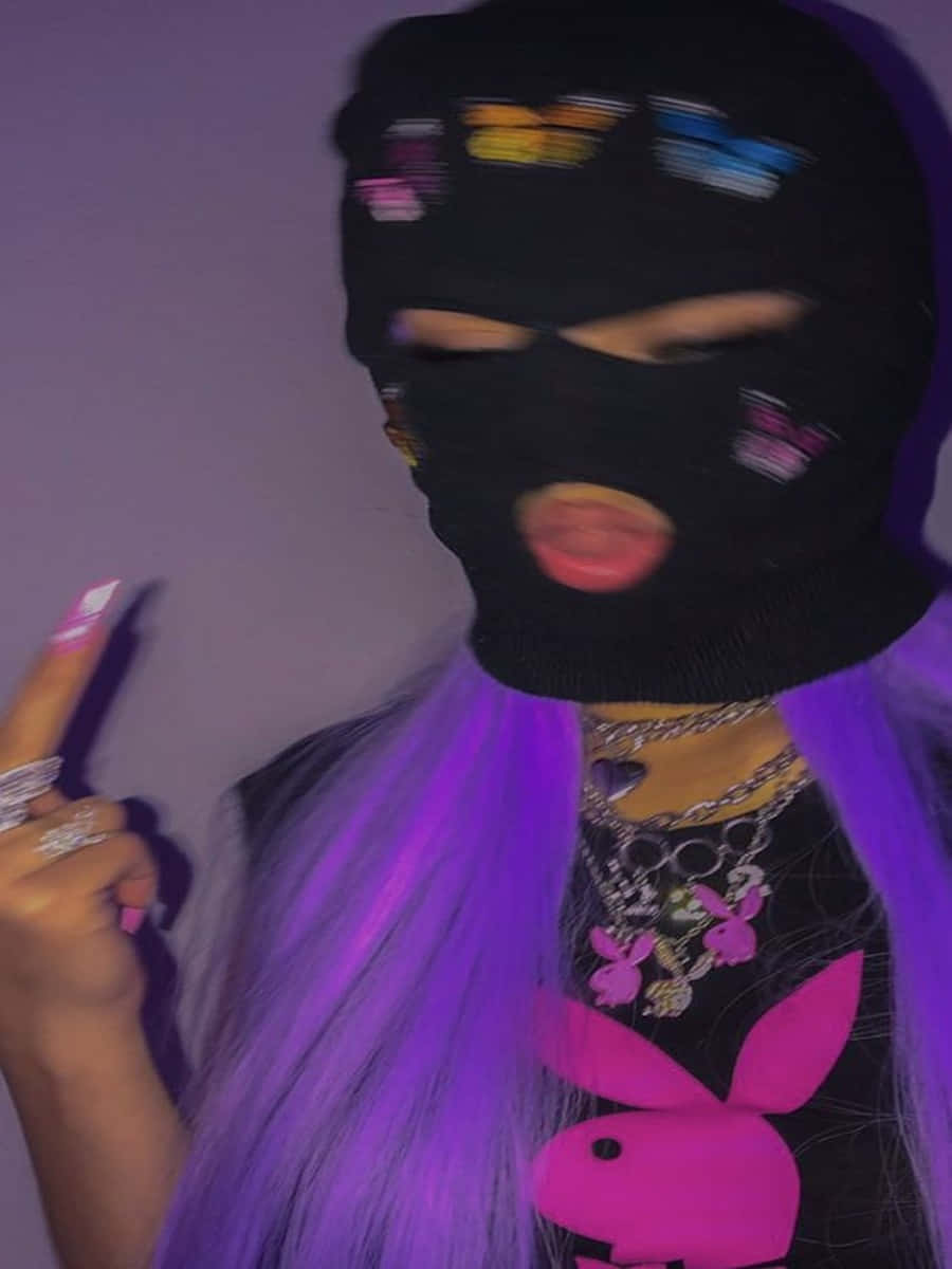 purple hair, black balaclava, colorful patches, SD Phone Wallpaper