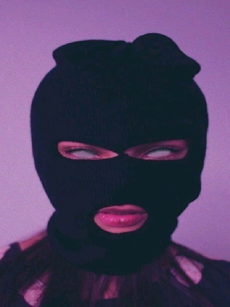 black balaclava, pink lips, soft purple background, SD Phone Wallpaper