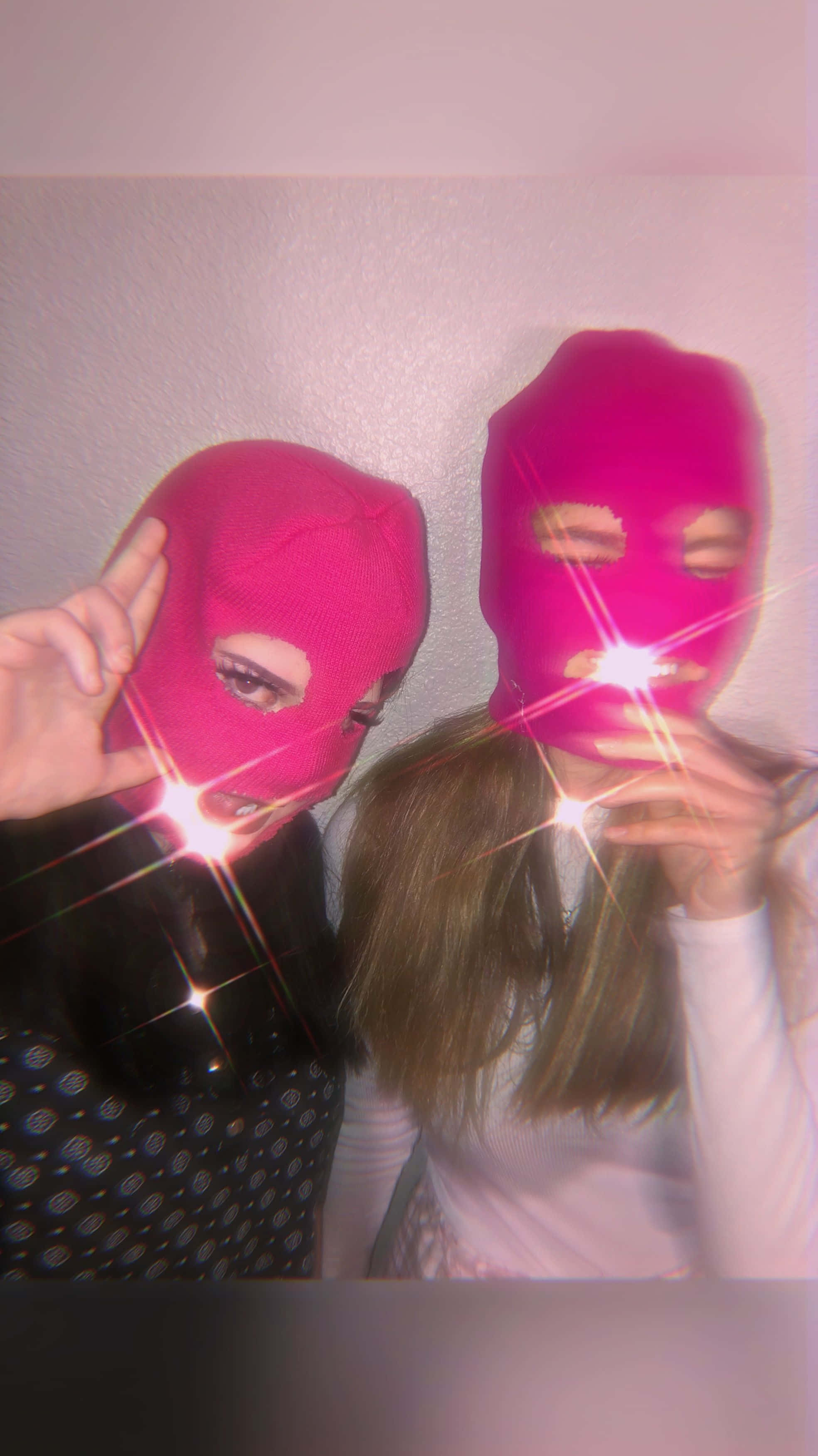pink ski mask, bright pink balaclavas, sparkly lens flares, 2K Phone Wallpaper