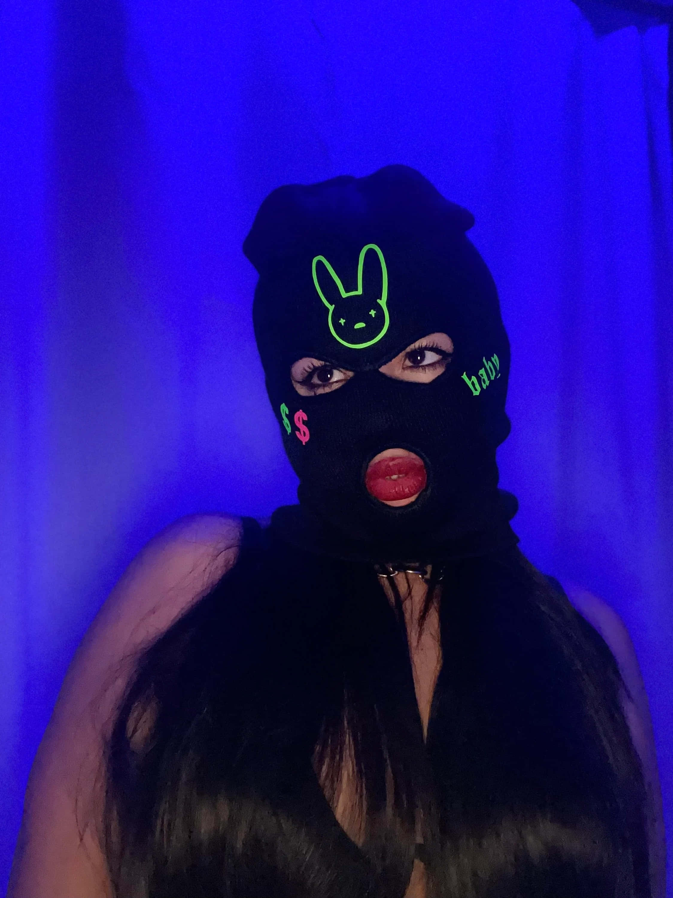 baddie ski mask glow, black balaclava, glowing green bunny and dollar sign graphics, 2K Phone Wallpaper