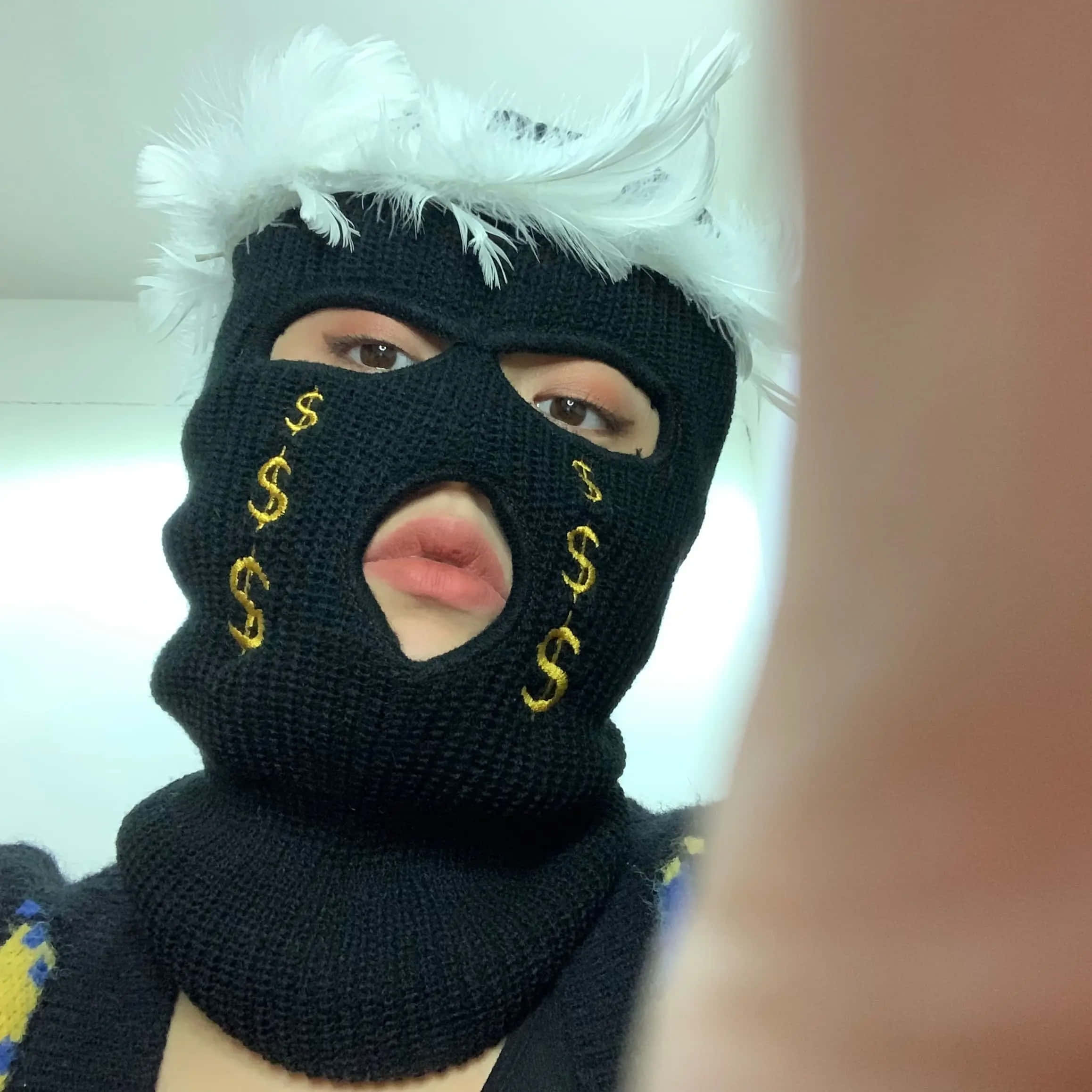 baddie ski mask, black knitted balaclava, gold dollar signs, Full HD Desktop Wallpaper