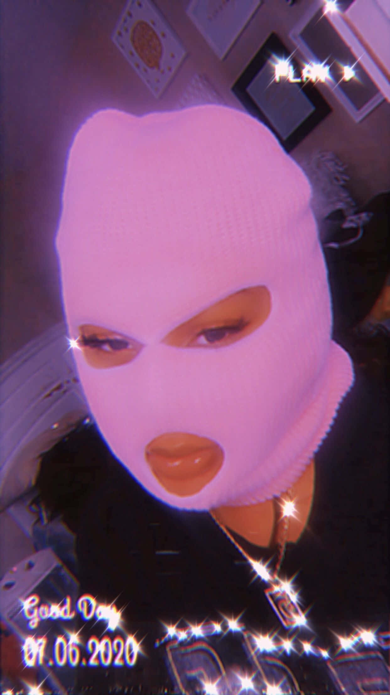 pink balaclava, cutouts for eyes and mouth, purple lighting, Full HD Phone Wallpaper