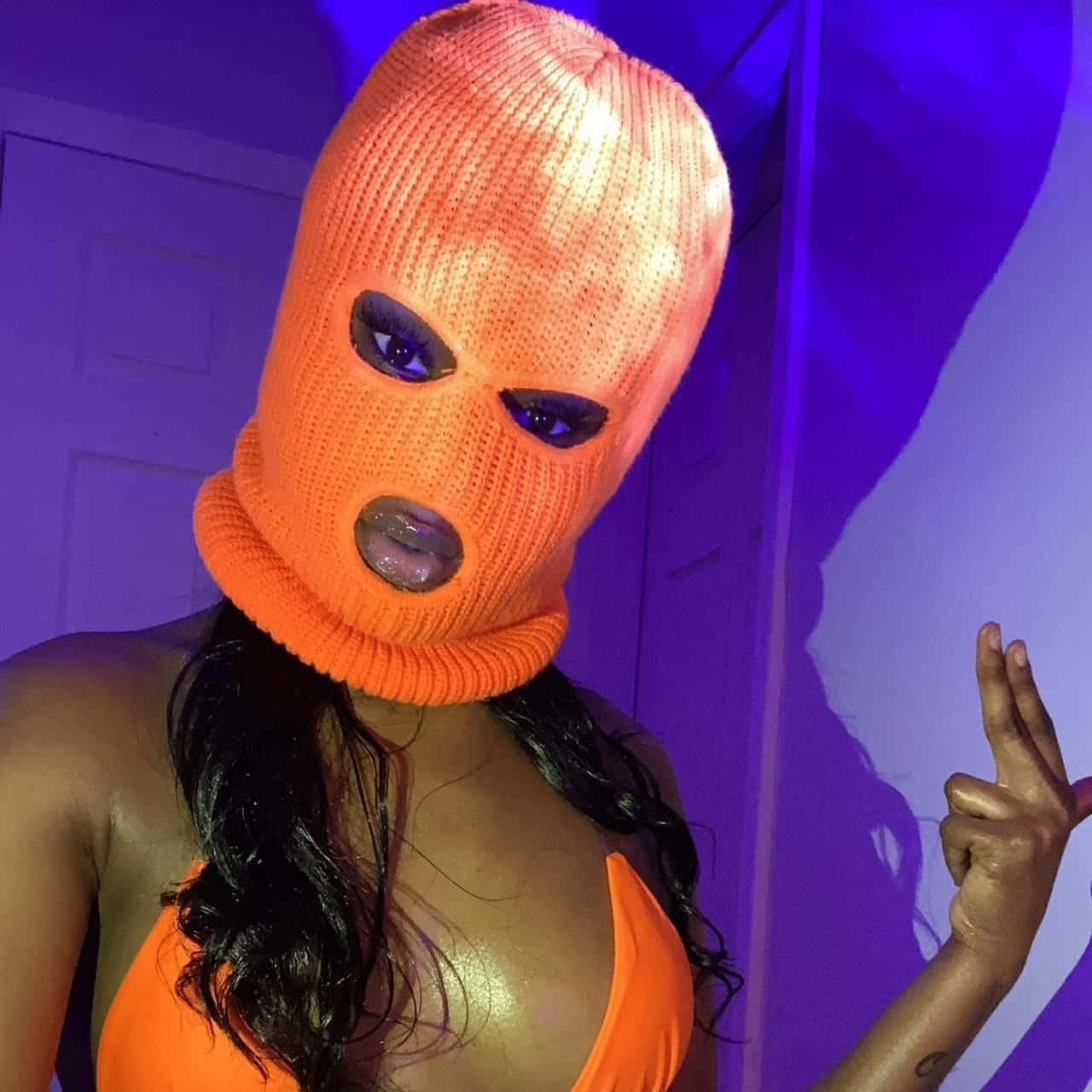 orange baddie ski mask aesthetic, bright orange knit balaclava, painted eyes, HD Desktop Wallpaper