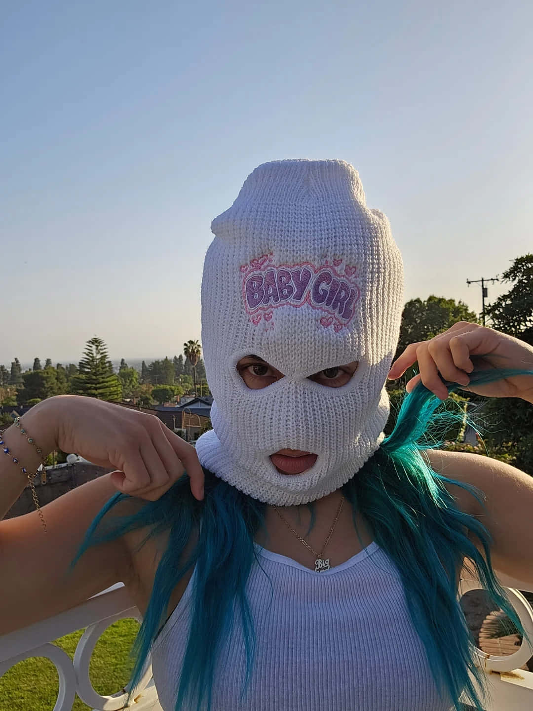 turquoise hair, white knit balaclava, pink 'BABY GIRL' text, HD Phone Wallpaper