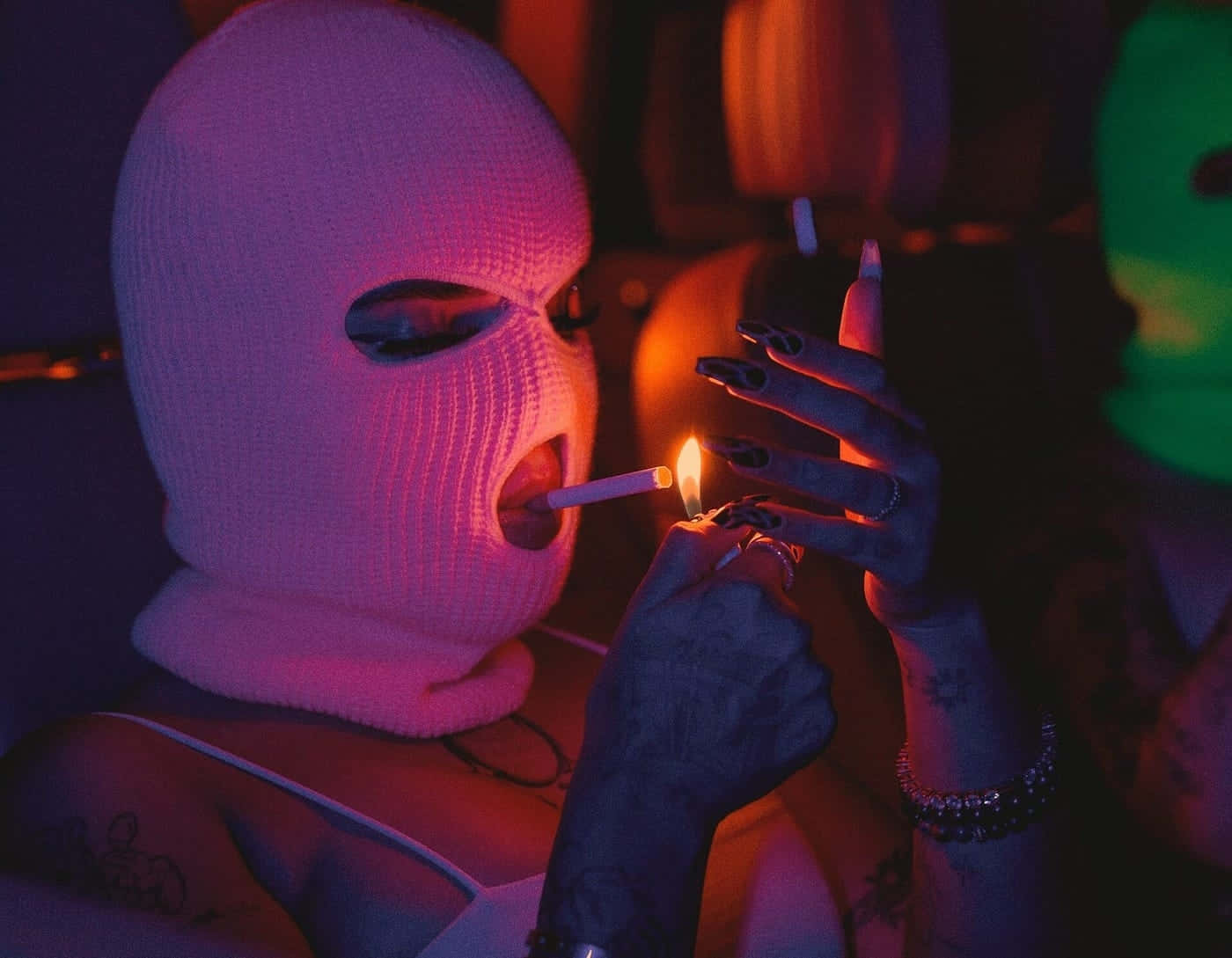 white knit balaclava, neon pink and green club lights, lighter, HD Desktop Wallpaper
