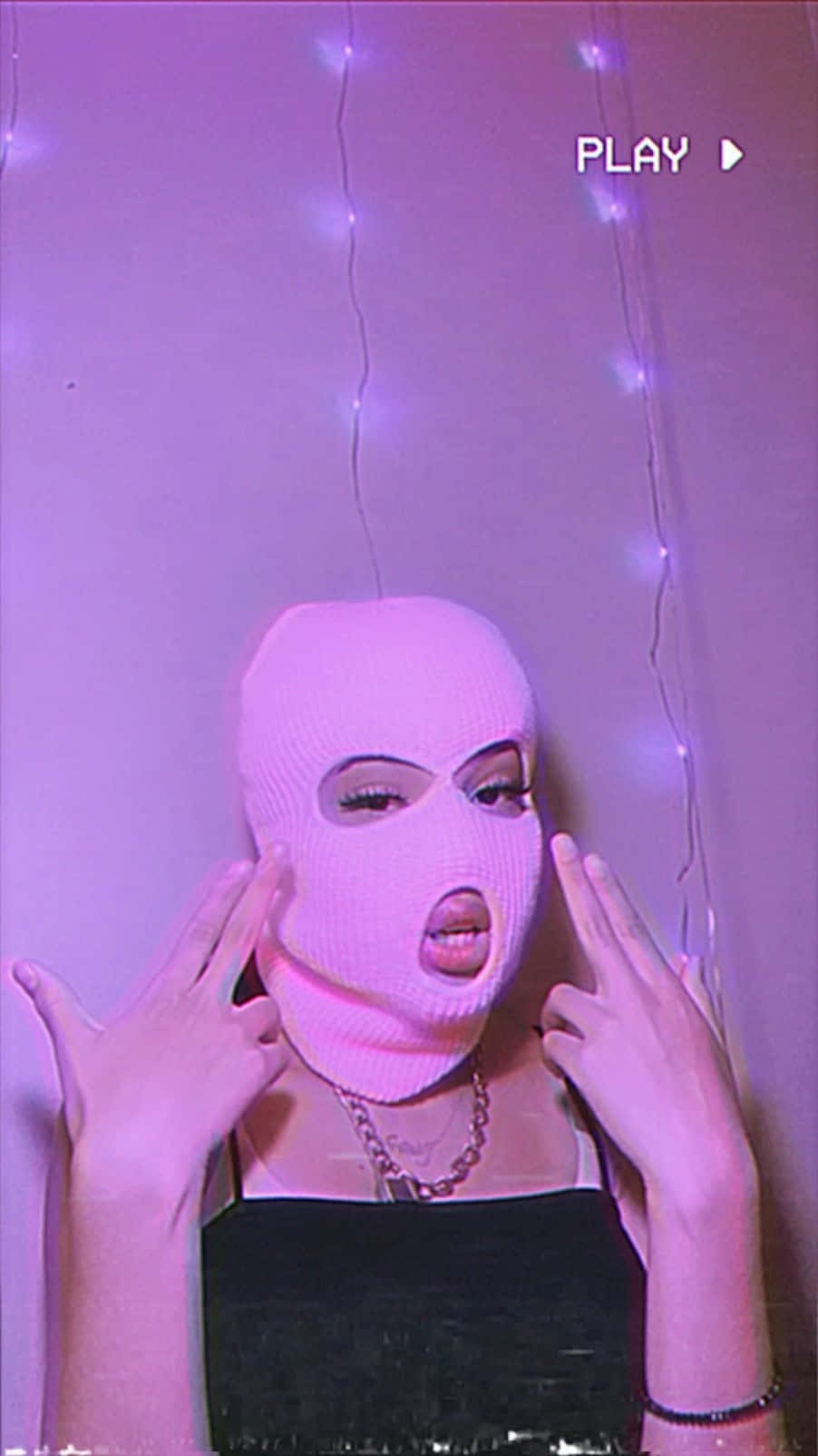 pink knit balaclava, purple string lights, playful face, HD Phone Wallpaper