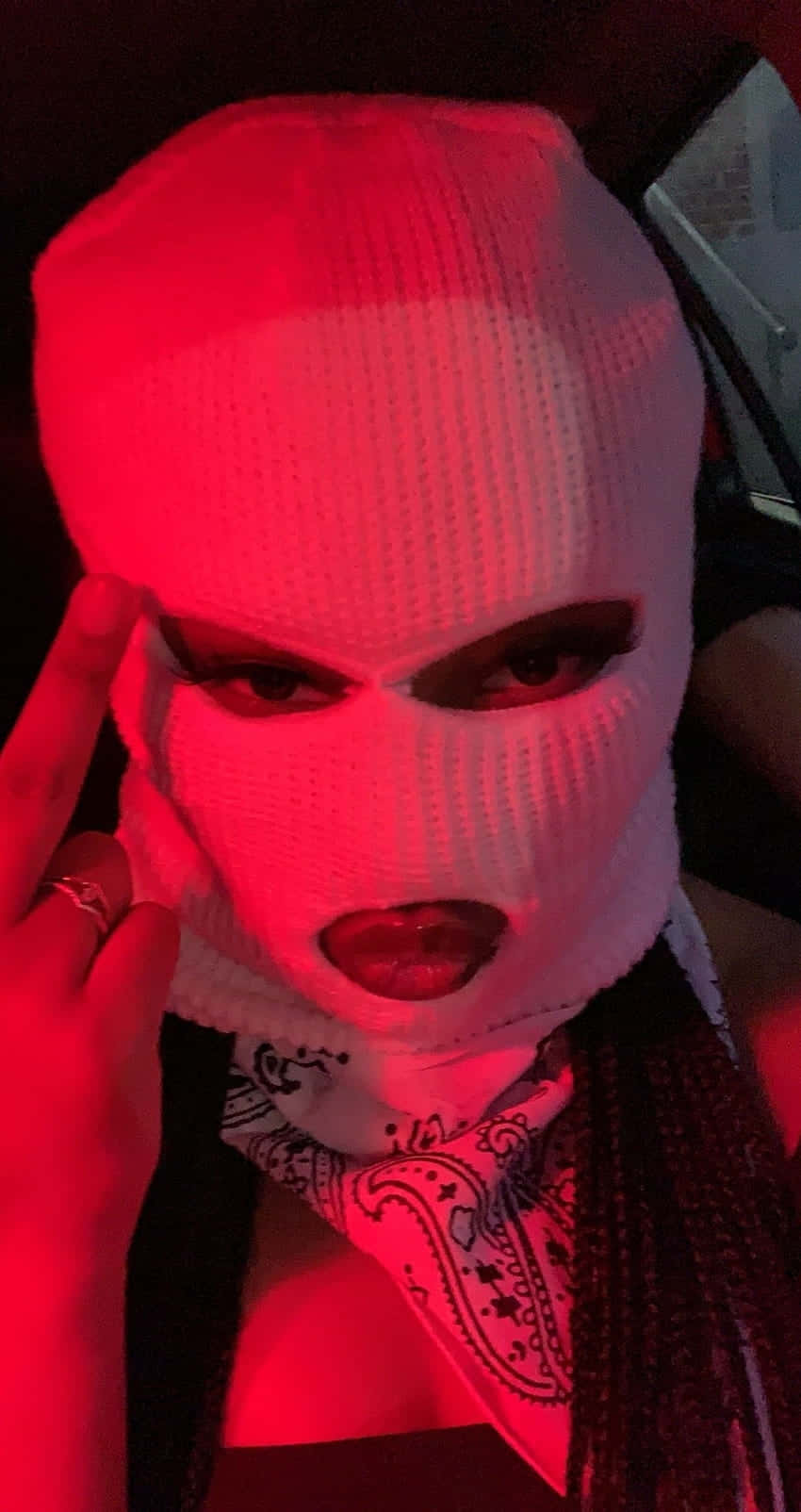 red-lit eyes, white knit balaclava, dimly lit car interior, HD Phone Wallpaper