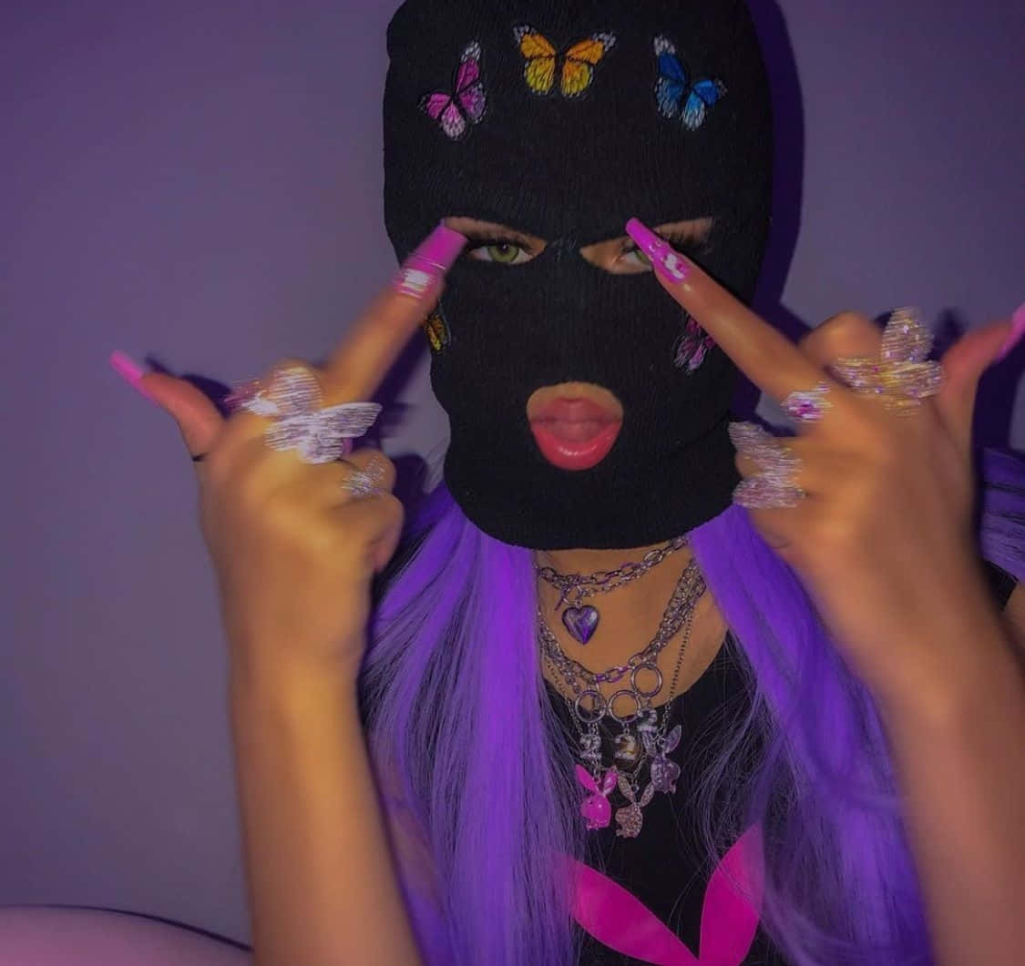 purple hair, black balaclava, colorful butterflies, SD Desktop Wallpaper