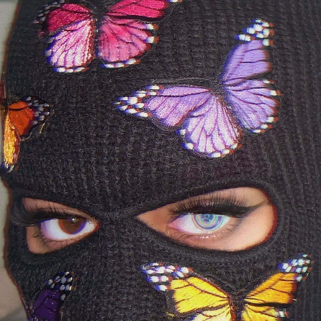 butterfly embellished ski mask, black balaclava, colorful embroidered butterflies, SD Desktop Wallpaper