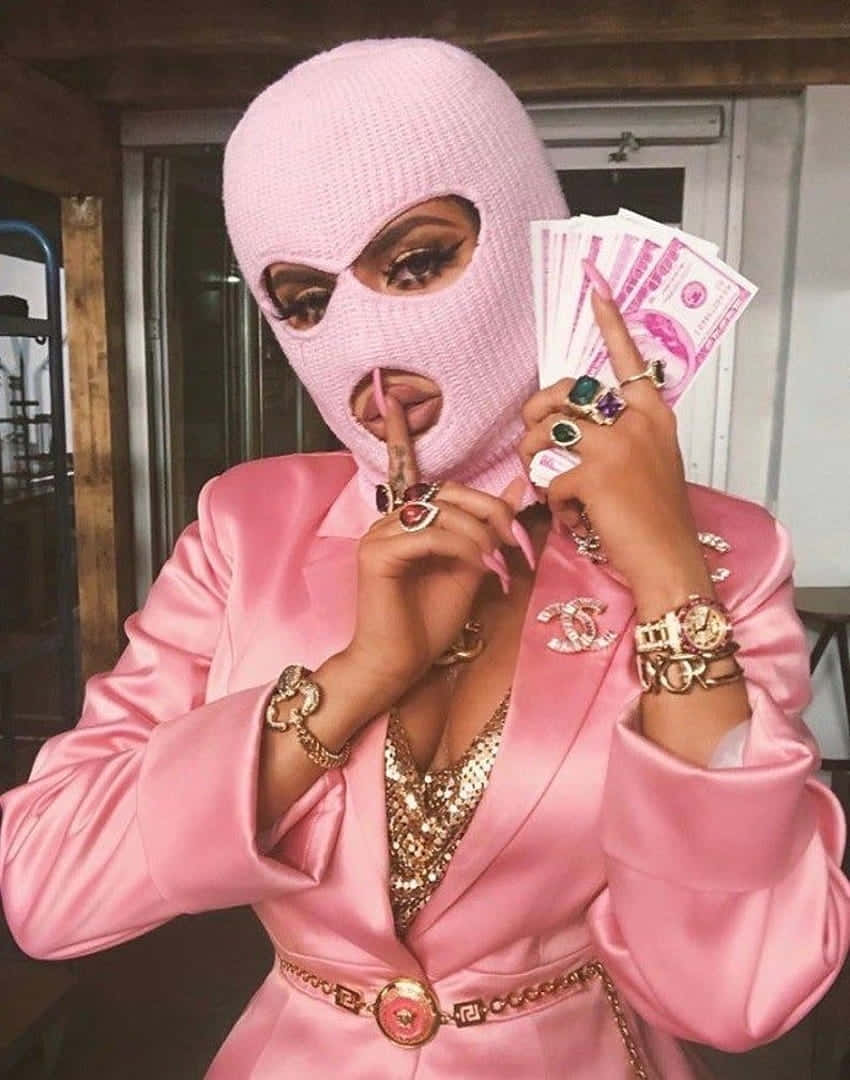 pink balaclava, matching satin suit, fanned cash, SD Phone Wallpaper