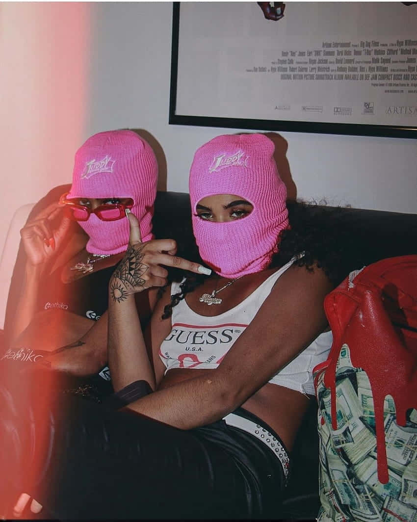 pink balaclavas, red glasses, red light glow, SD Phone Wallpaper