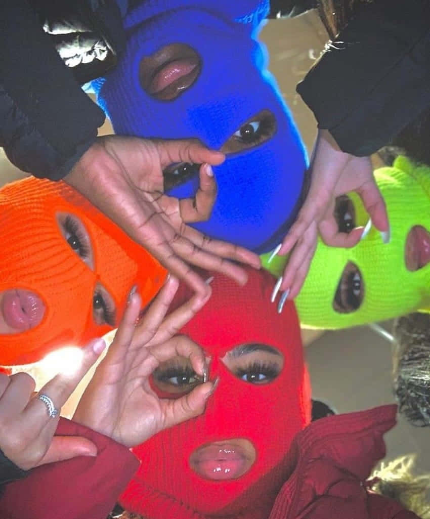 colorful balaclavas, visible eyes and lips, group selfie, SD Phone Wallpaper