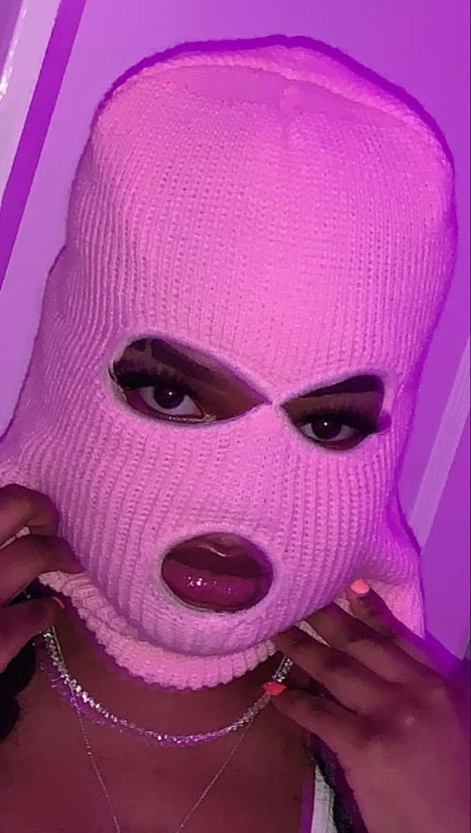 purple baddie ski mask aesthetic, pink knit balaclava, cutouts for eyes and mouth, SD Phone Wallpaper