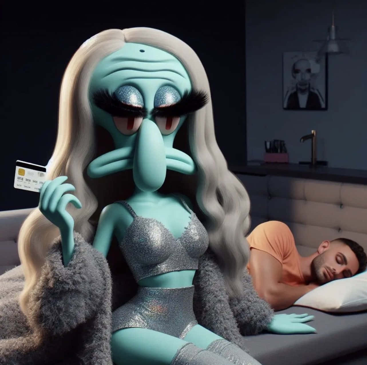 Baddie Squidward, teal-skinned, glittery eyes, HD Desktop Wallpaper