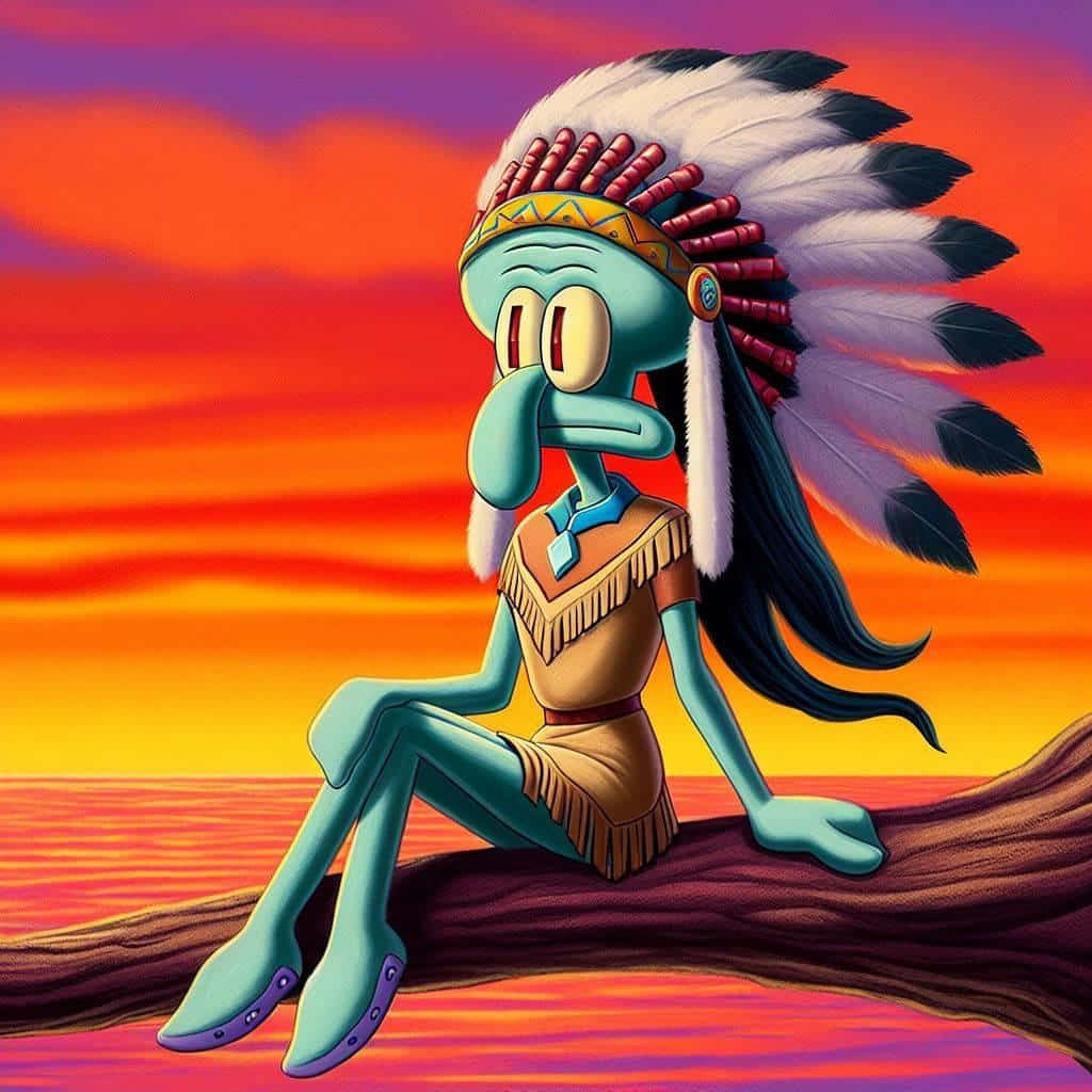 Squidward, feathered headdress, tree branch, SD Desktop Wallpaper