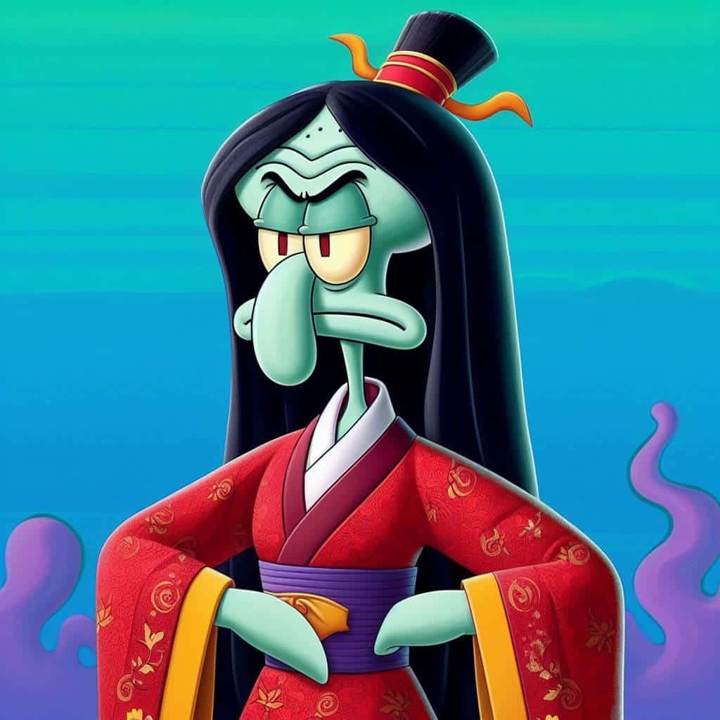 Squidward, red patterned robe, long black hair, SD Desktop Wallpaper