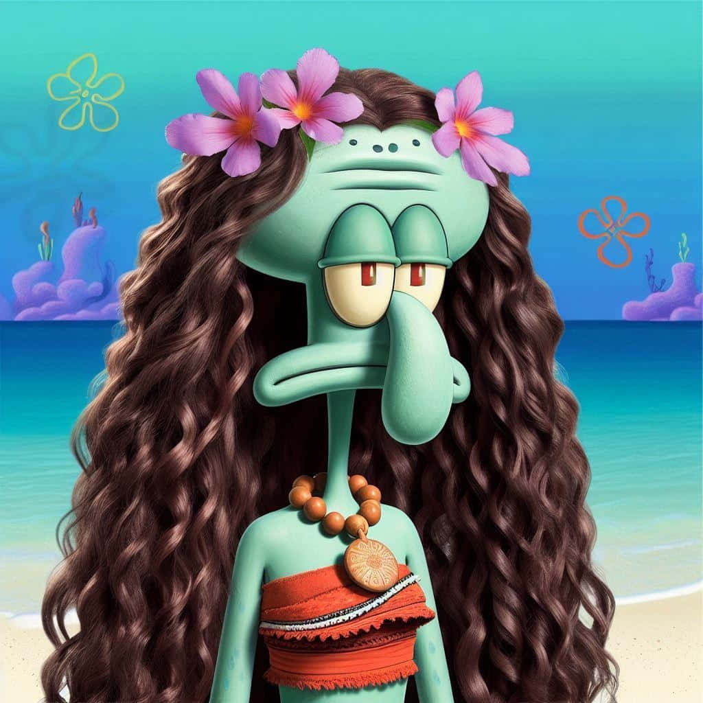 Baddie Squidward, floral crown, beach, SD Desktop Wallpaper