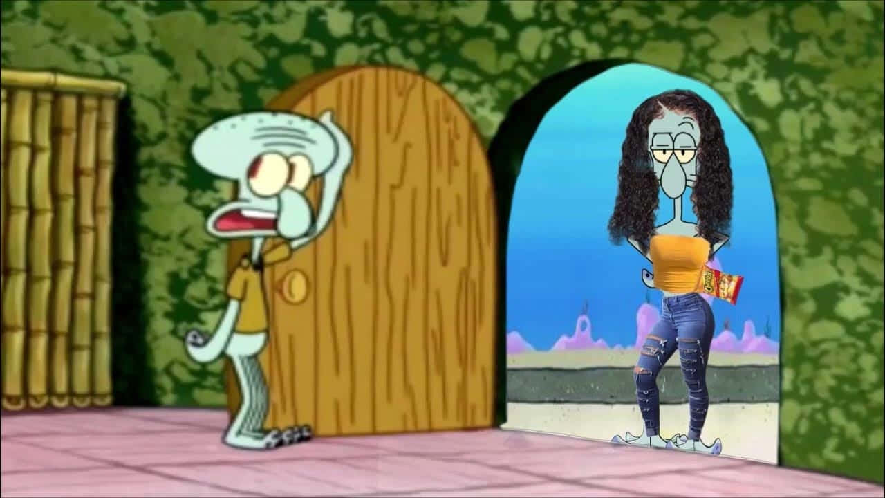 Squidward, woman with curly hair, ripped jeans, HD Desktop Wallpaper