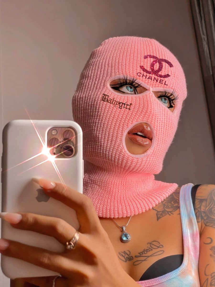pink Chanel balaclava, Babygirl text, glowing phone, SD Phone Wallpaper