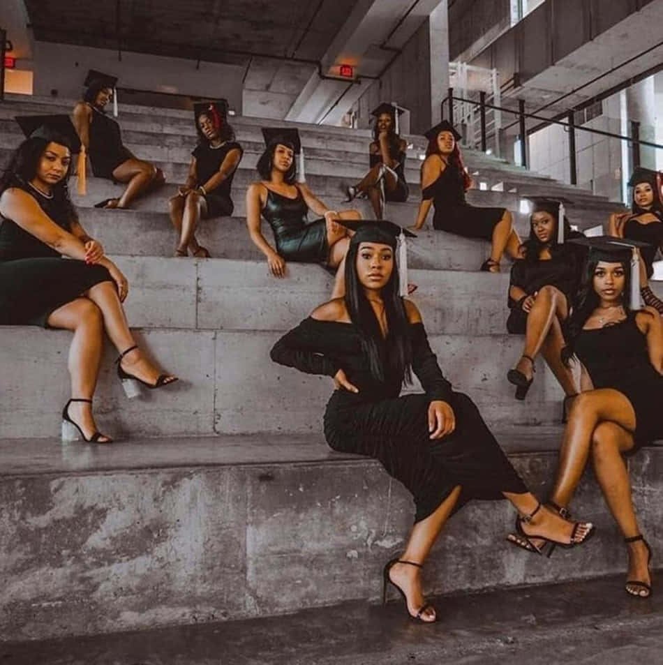 black graduation caps, black dresses, concrete stadium steps, SD Phone Wallpaper