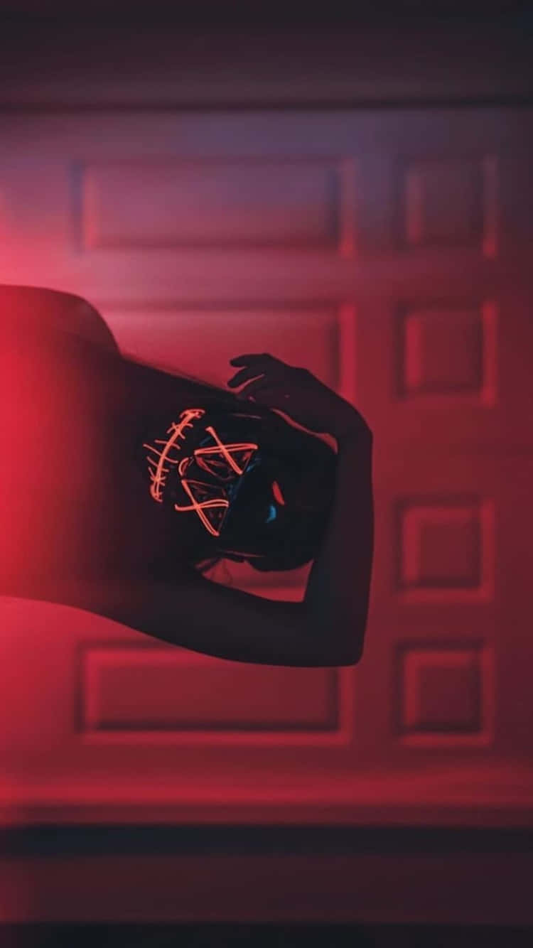 glowing red mask, wooden door, eerie red light, HD Phone Wallpaper