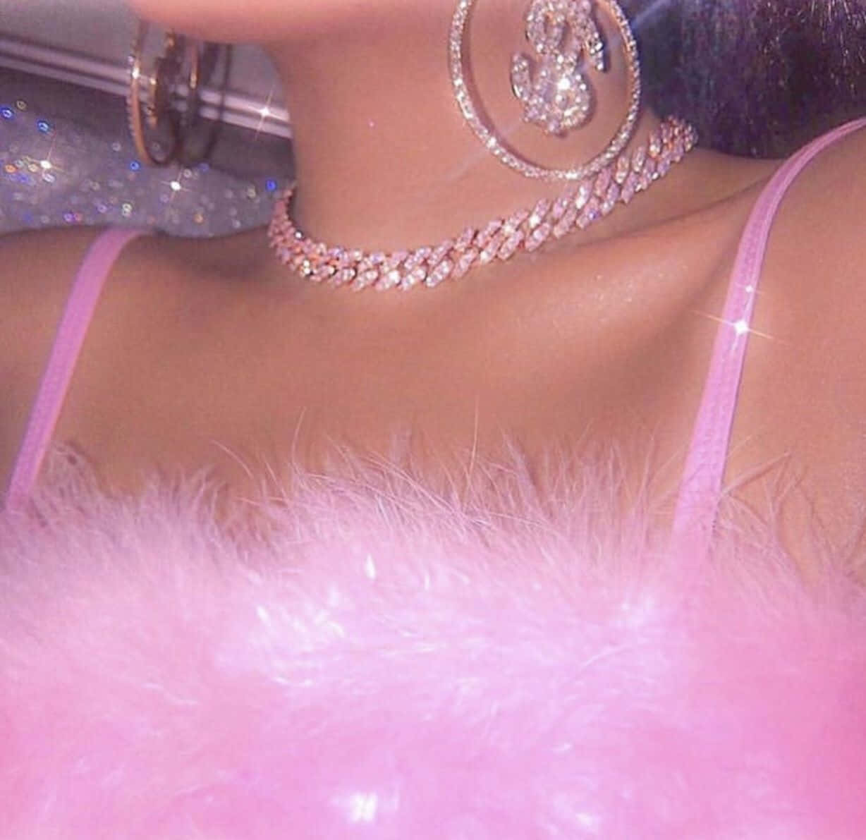 Baddie Vintage 90's Aesthetic, sparkling pink feathered top, diamond-encrusted dollar sign earrings, SD Desktop Wallpaper