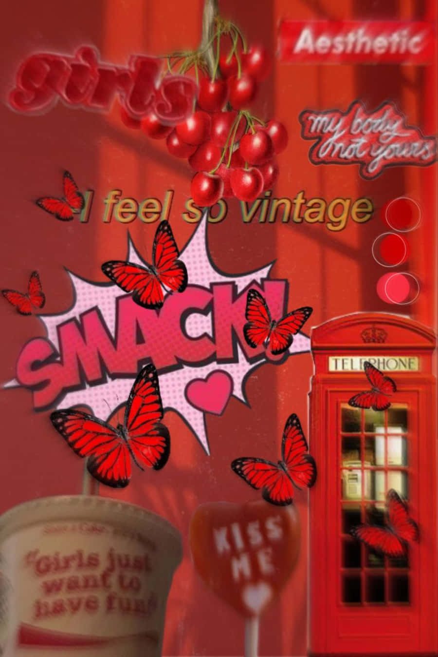 vintage phone booth, retro text overlays, cherry clusters, HD Phone Wallpaper