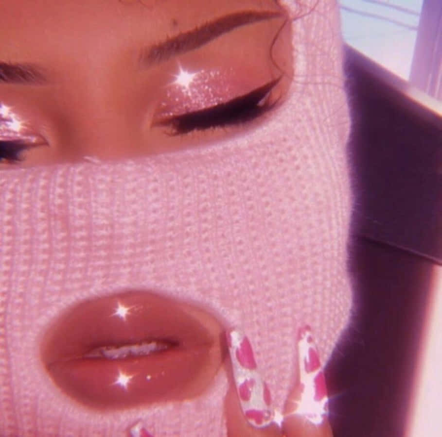 Baddie Vintage Aesthetic, pink knit face mask, glittery eyes, SD Desktop Wallpaper