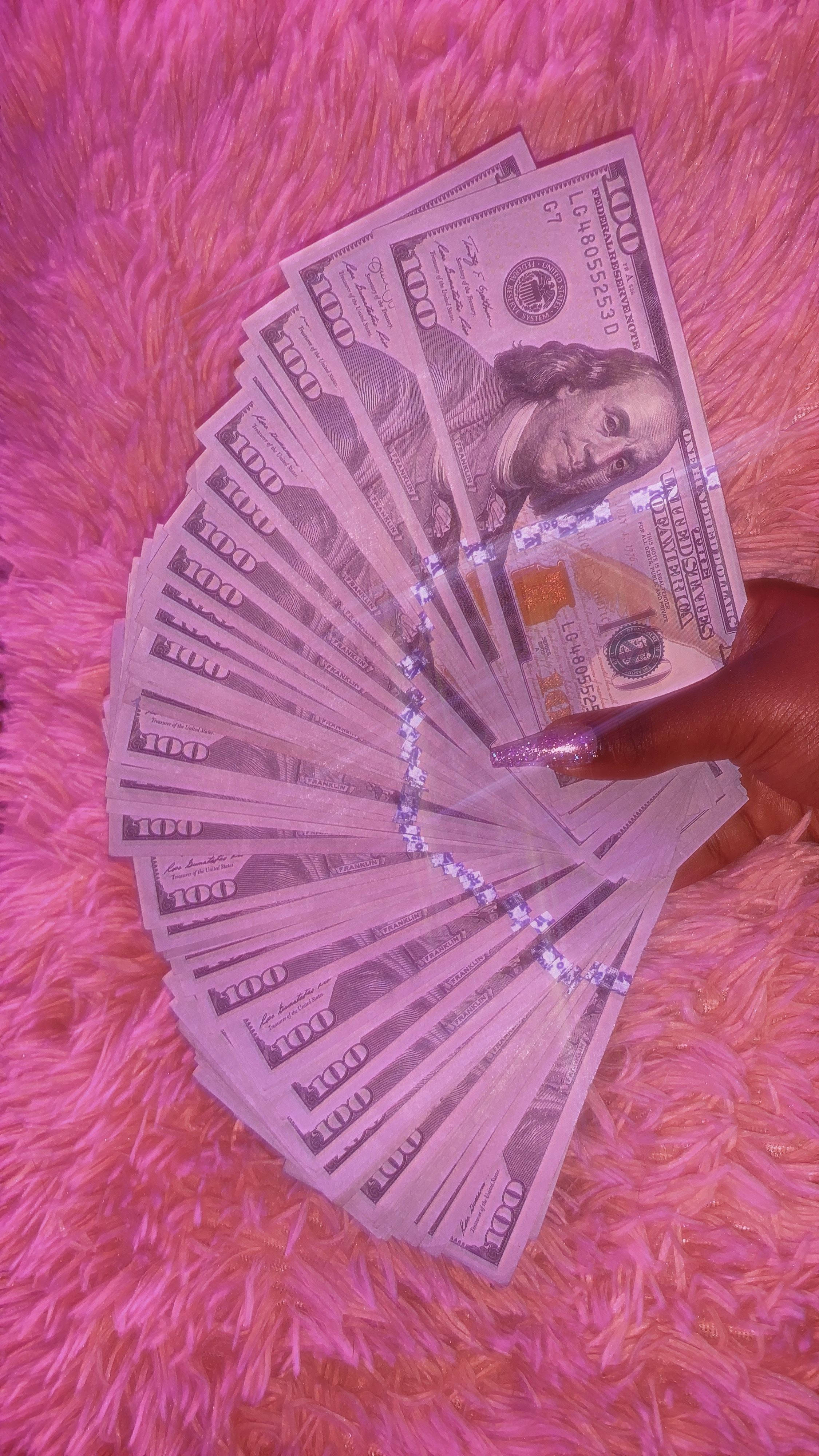 baddie dollar bills, hundred-dollar bills, fluffy pink rug, 4K Phone Wallpaper