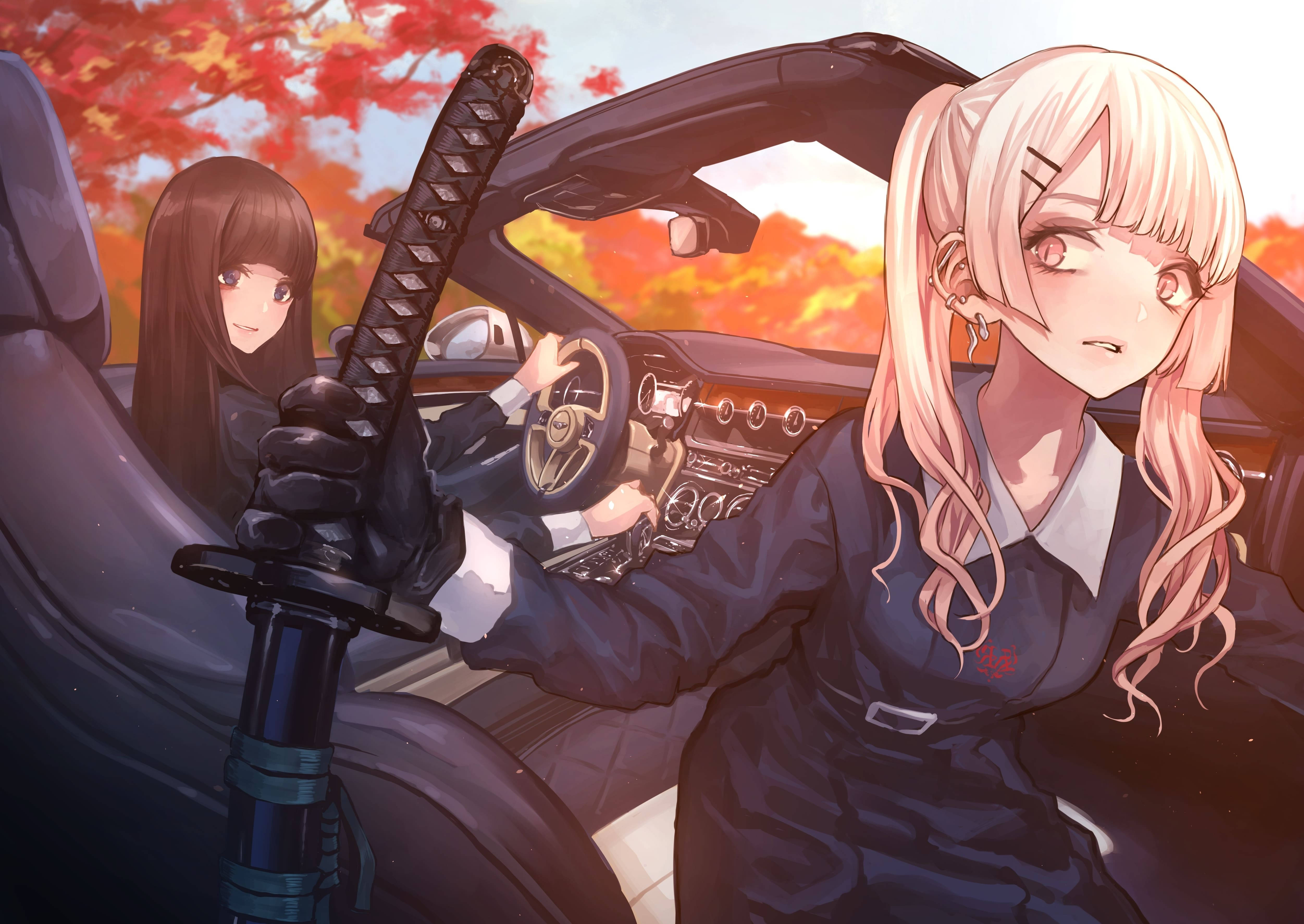 anime baddie gangster girls, convertible car, katana, 4K Desktop Wallpaper