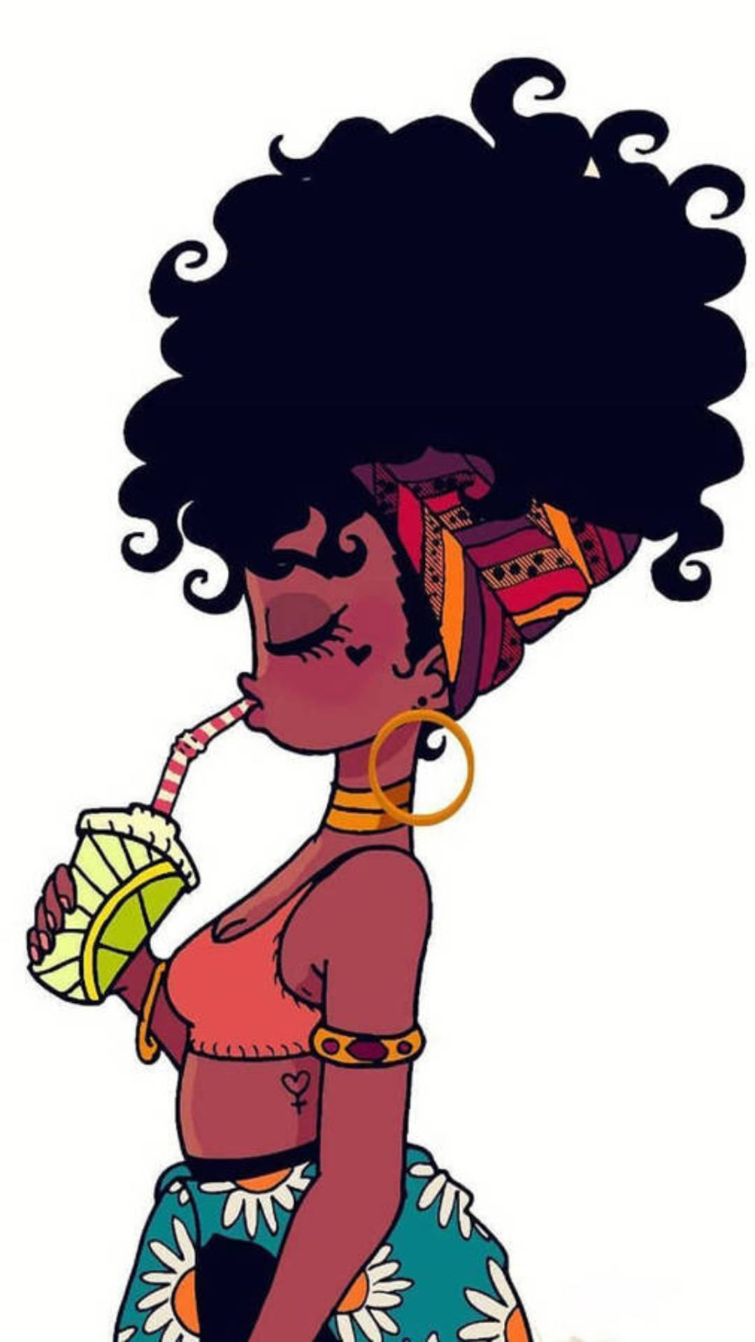baddie cartoon girl, large afro, patterned headwrap, Full HD Phone Wallpaper