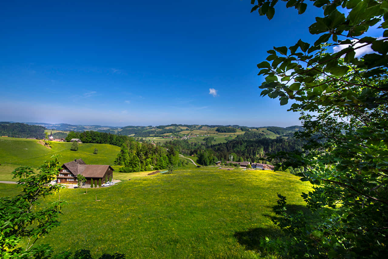 Baden, Switzerland, rustic wooden house, sunlit green valley, HD Desktop Wallpaper