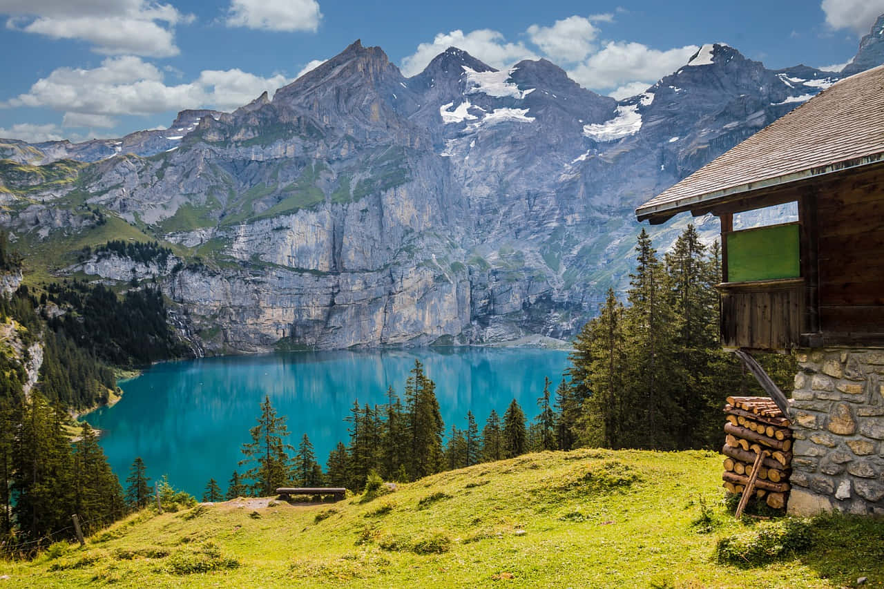 Alpine lake view, rustic wooden cabin, vibrant turquoise lake, HD Desktop Wallpaper