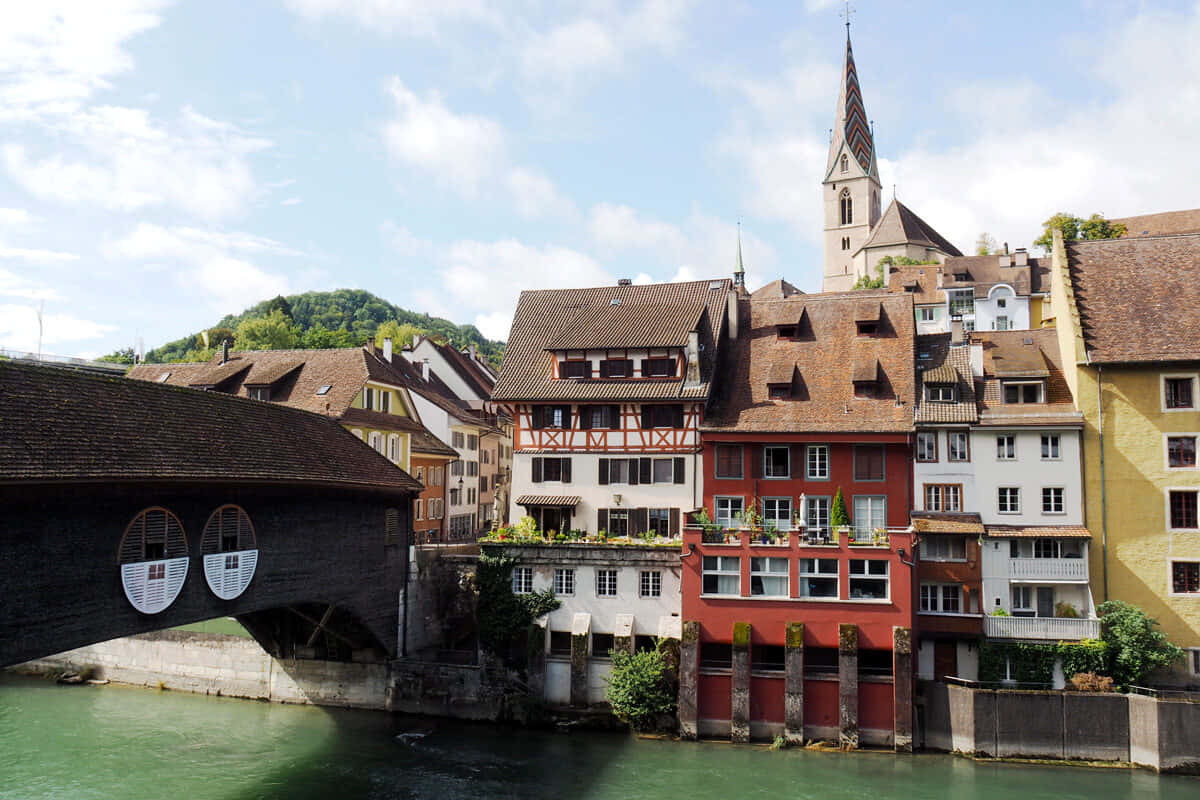 Baden Switzerland, covered bridge, calm river, SD Desktop Wallpaper