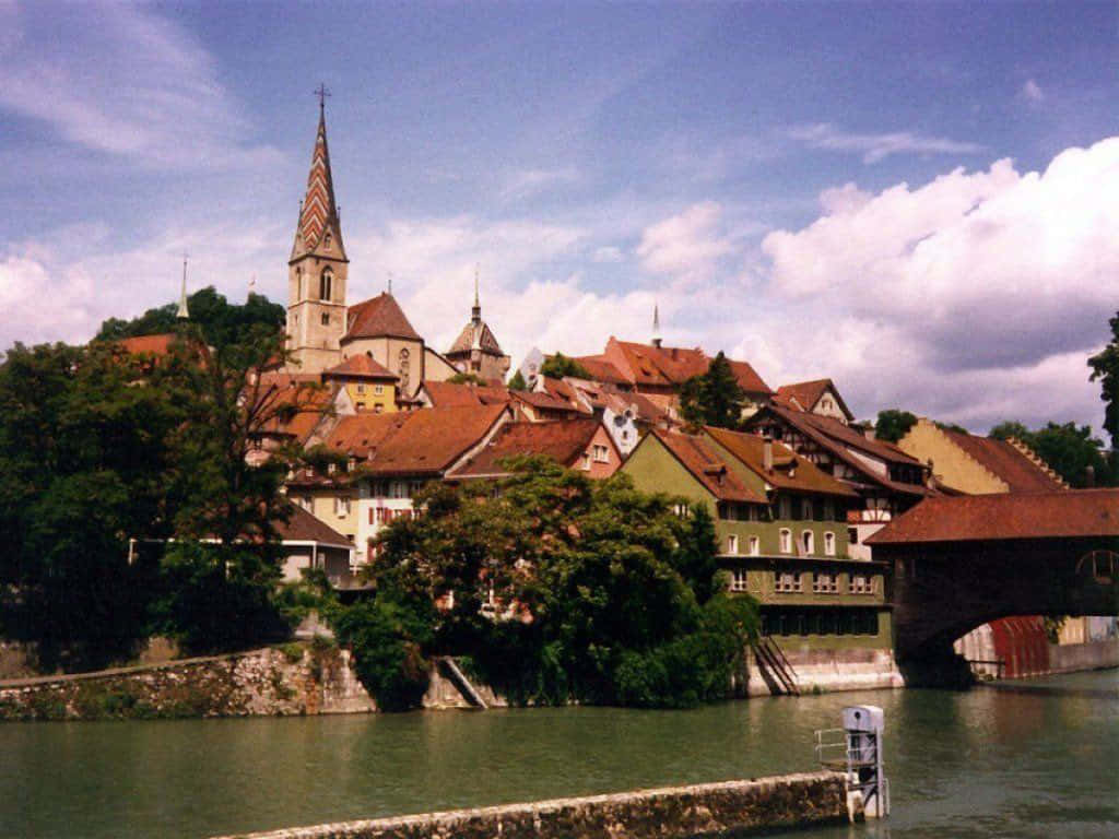 Baden Switzerland, river town, red-roofed buildings, SD Desktop Wallpaper