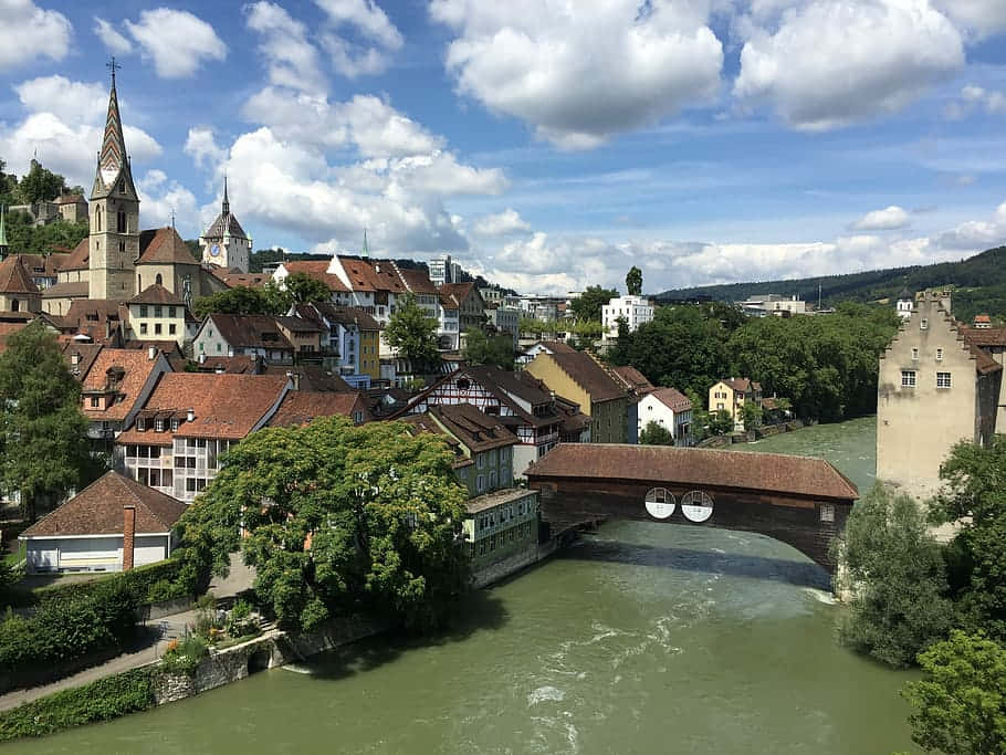 Baden Switzerland, river town view, red-roofed buildings, SD Desktop Wallpaper